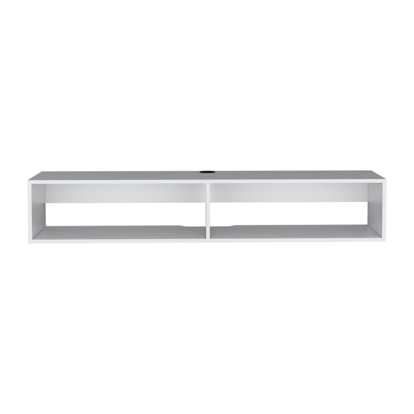 Sleek white wallmounted entertainment unit with two open shelves for media storage