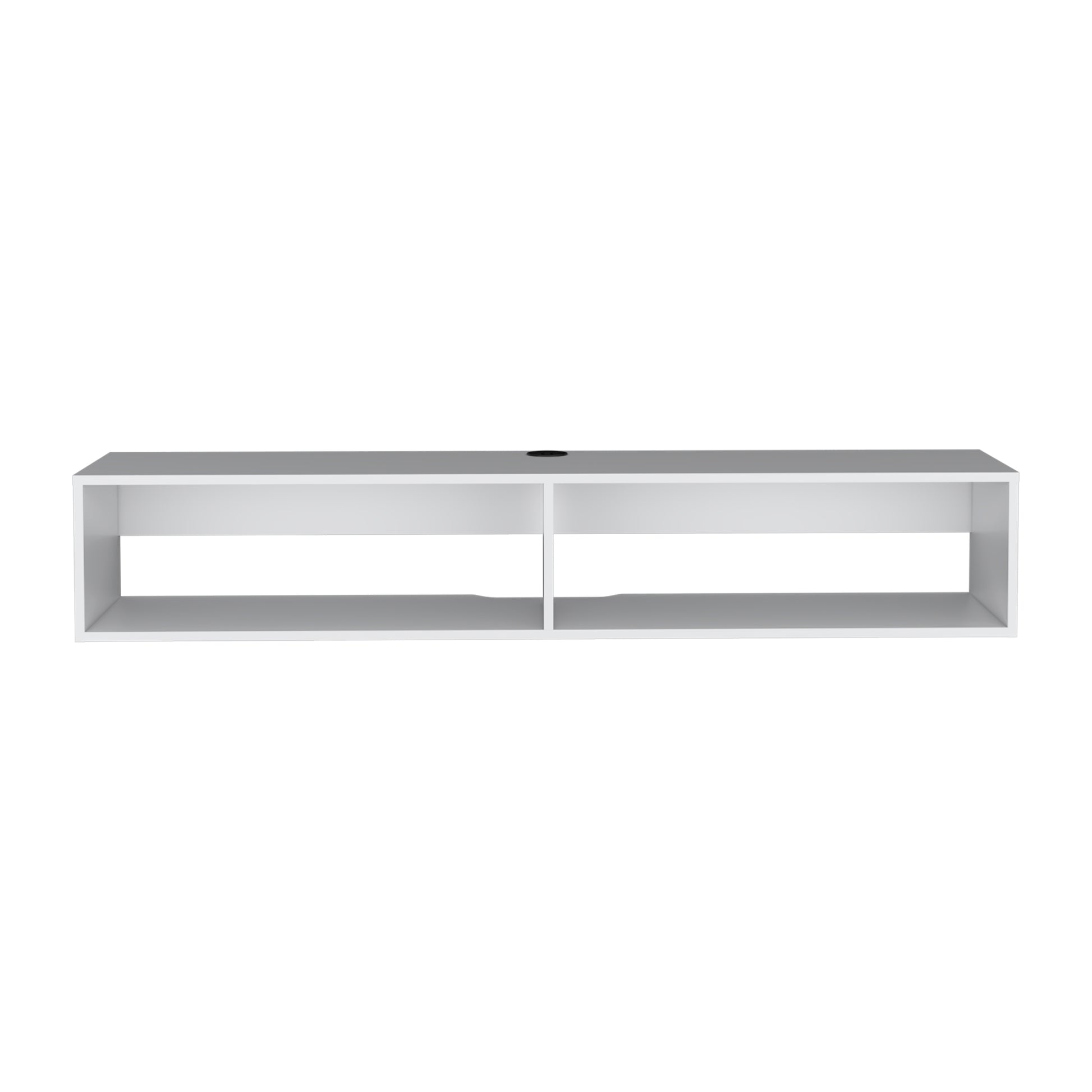 Sleek white wallmounted entertainment unit with two open shelves for media storage