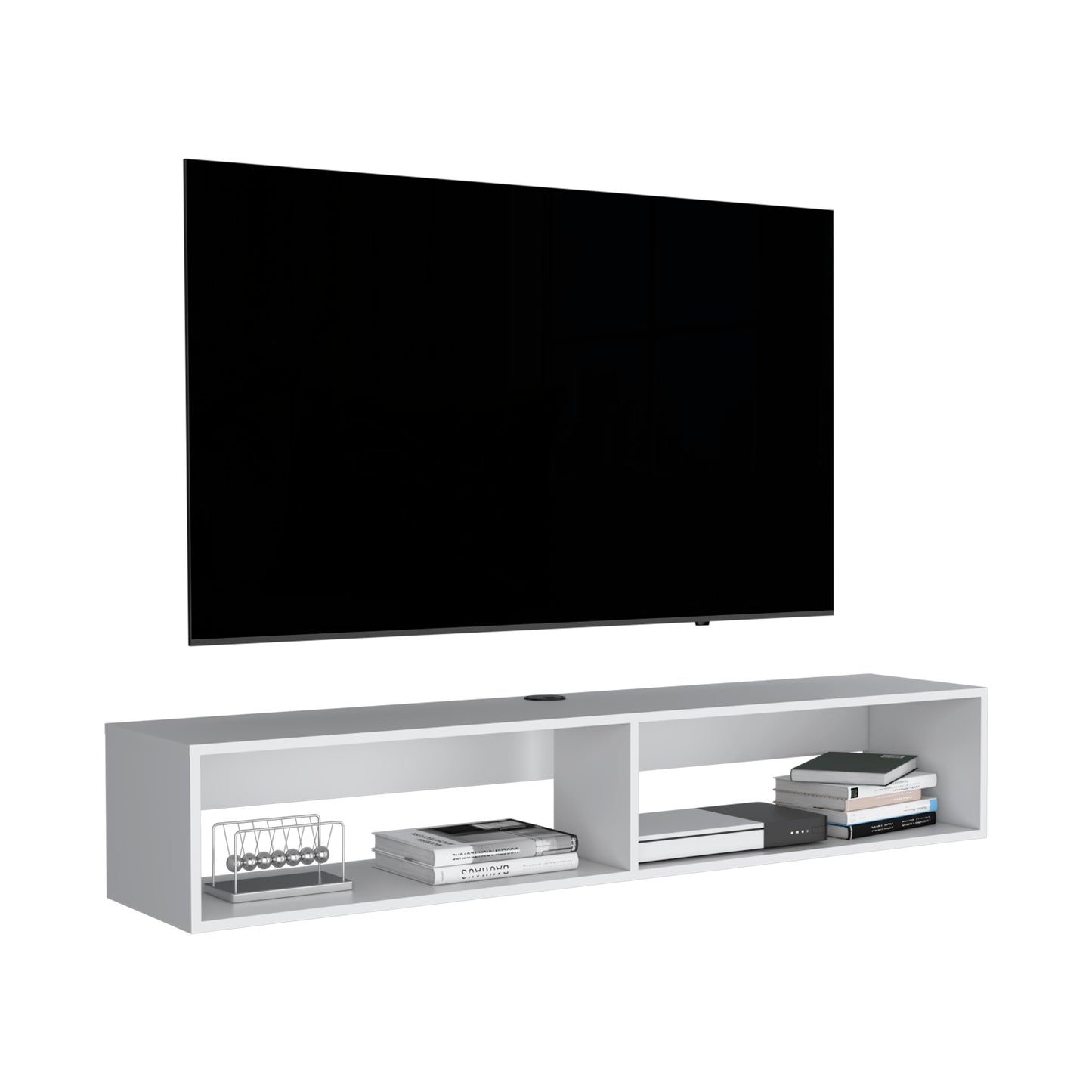 Sleek white wallmounted TV console with two compartments holding books and media player