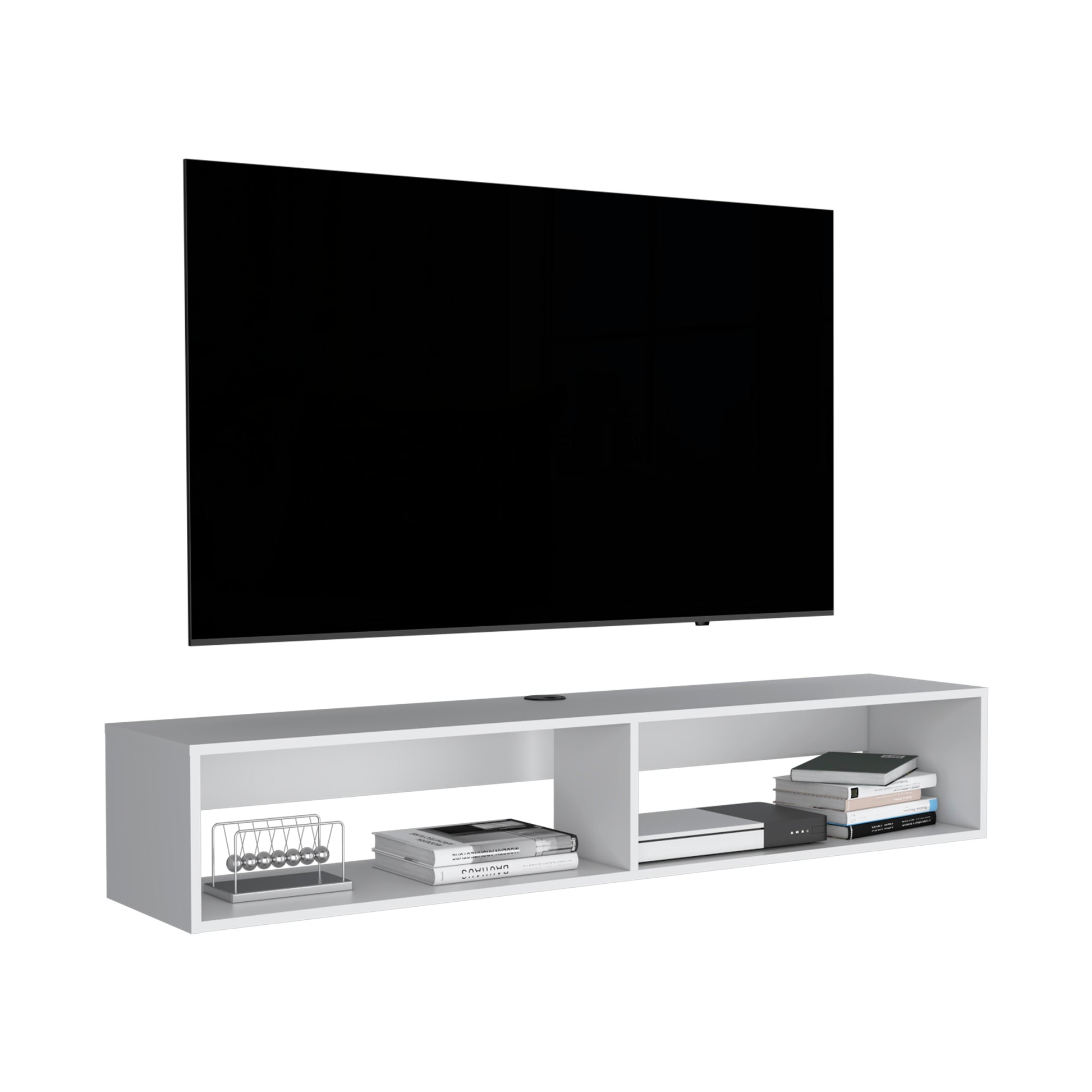 Sleek white wallmounted TV console with two compartments holding books and media player
