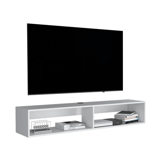 Sleek white wallmounted TV console with two compartments holding books and media player