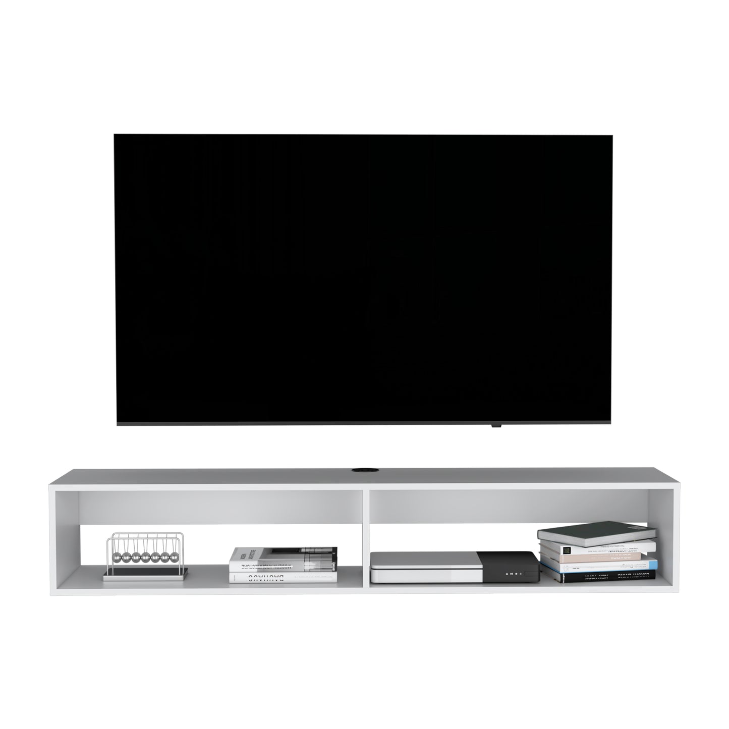 Modern white floating TV stand with a sleek design and open shelving