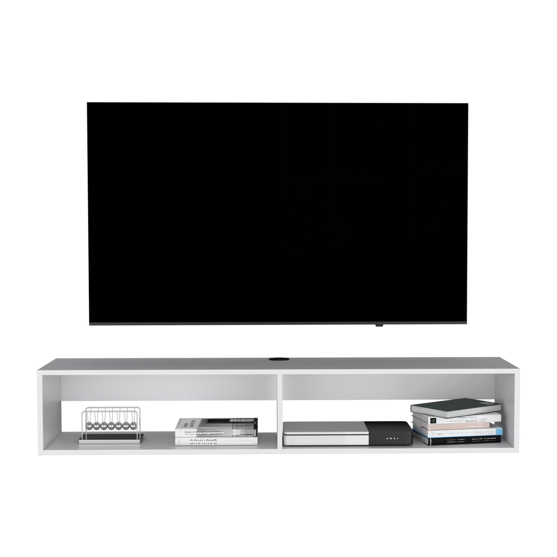 Modern white floating TV stand with a sleek design and open shelving