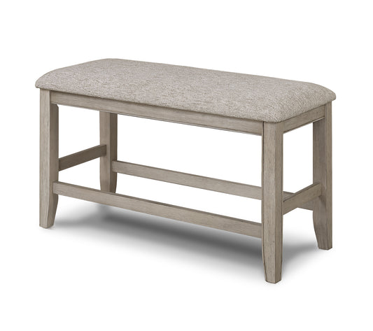 Upholstered counter stool with grey fabric seat and weathered oak wood frame