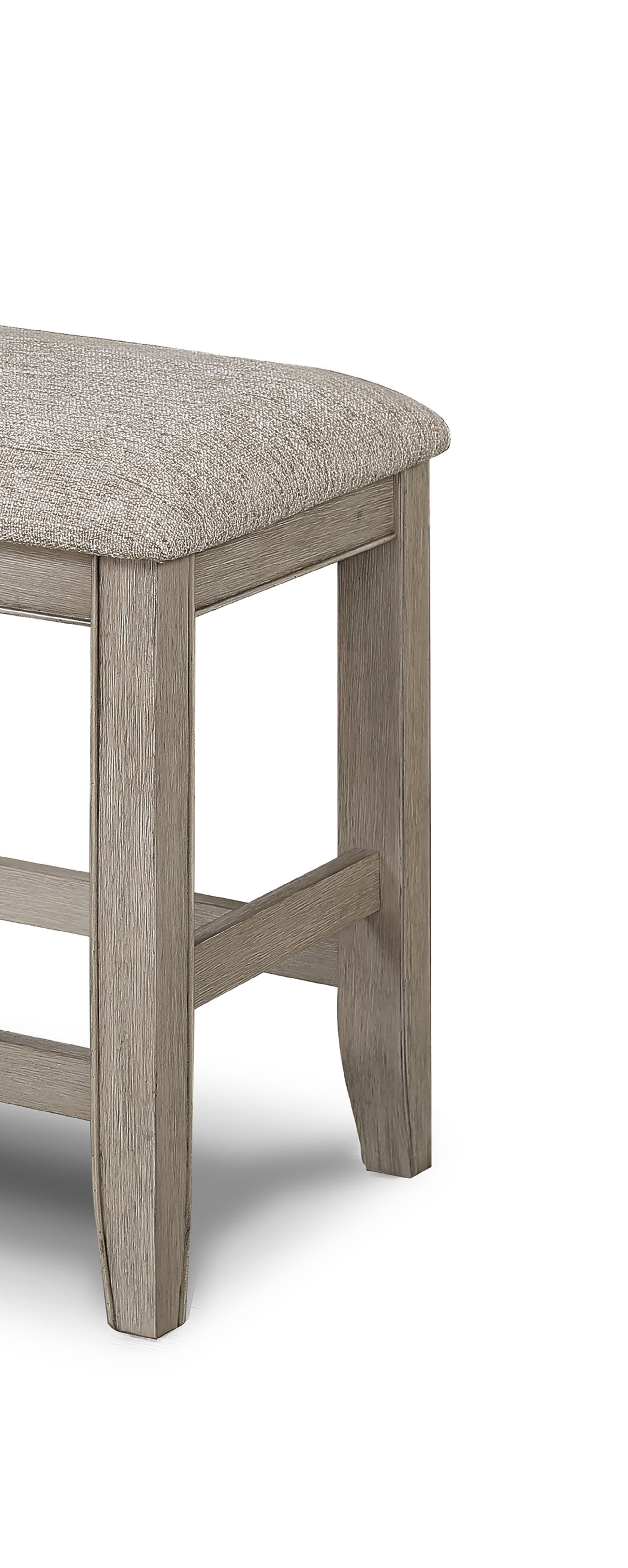 Textured grey upholstered bench with distressed wood legs for entryway seating
