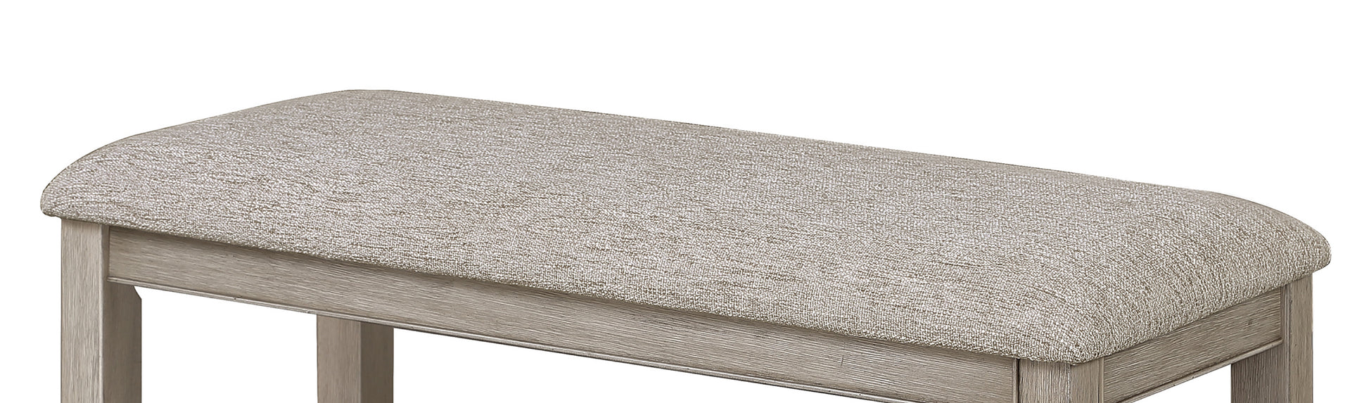 Textured linen upholstered bench with a light wood frame