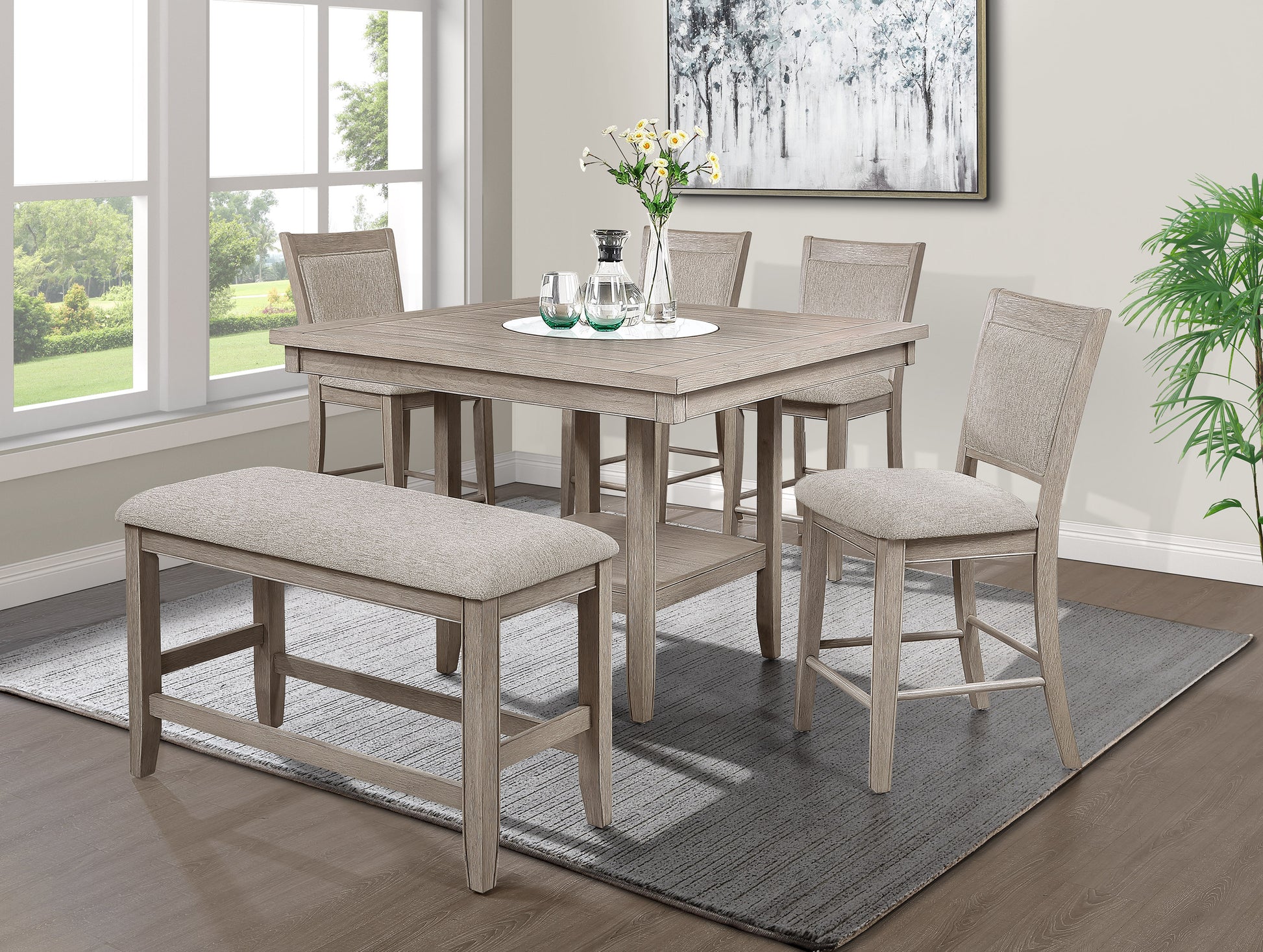 Light oak counter height dining set with upholstered bench and stools