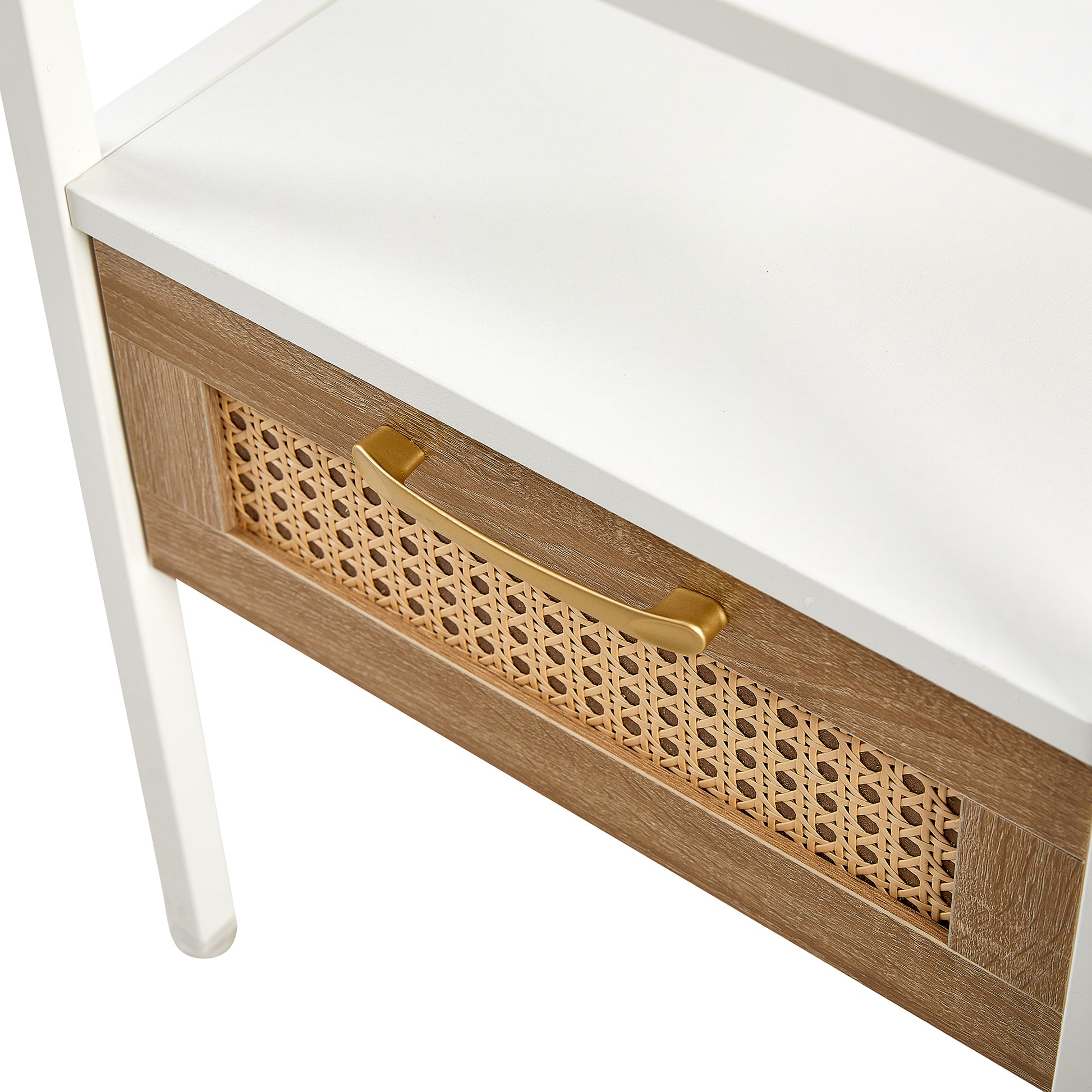 White top nightstand with oak veneer drawer front and cane inlay