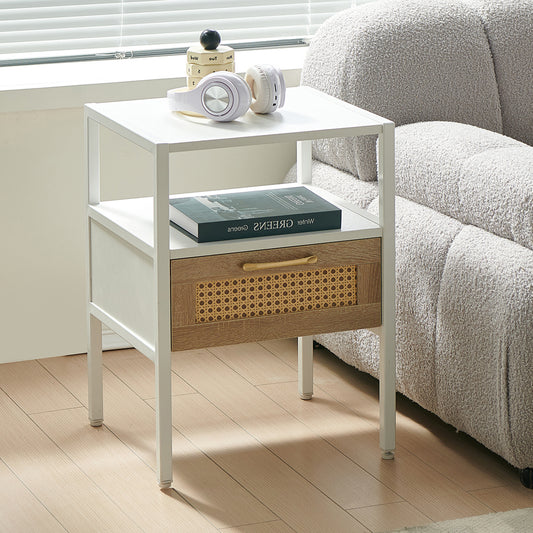 White metal frame side table with wood and rattan drawer front