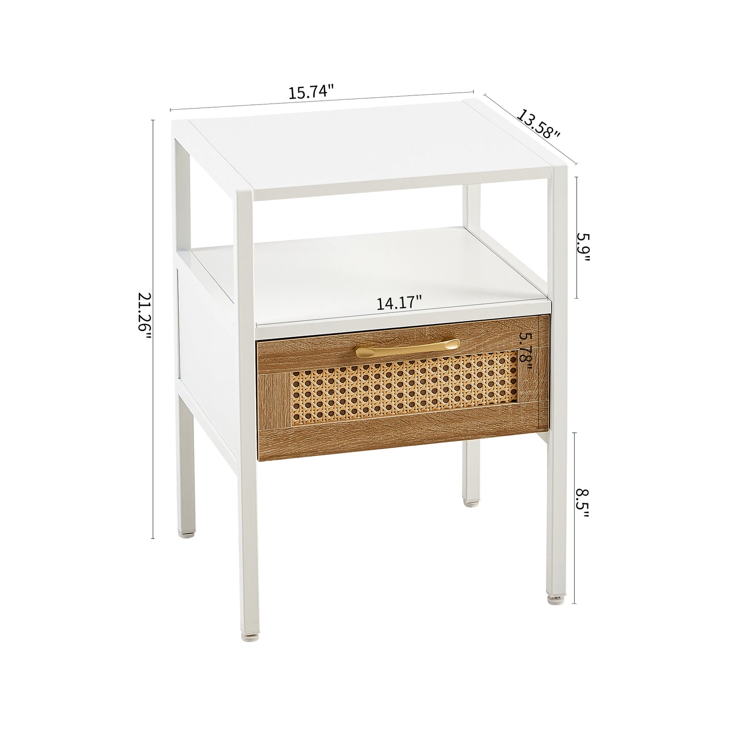White and wood cane drawer nightstand with gold handle