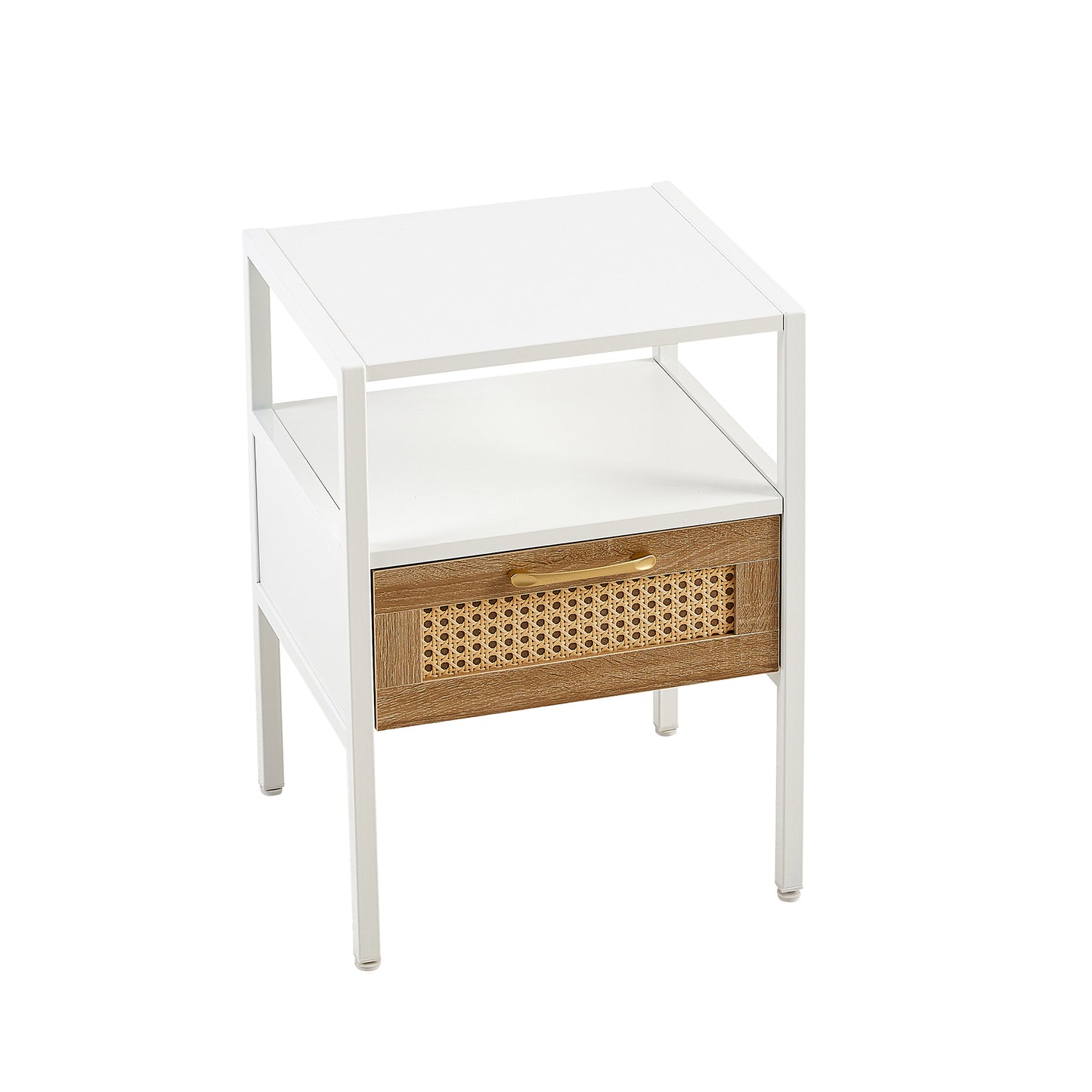 White metal end table with wood drawer front and cane detailing