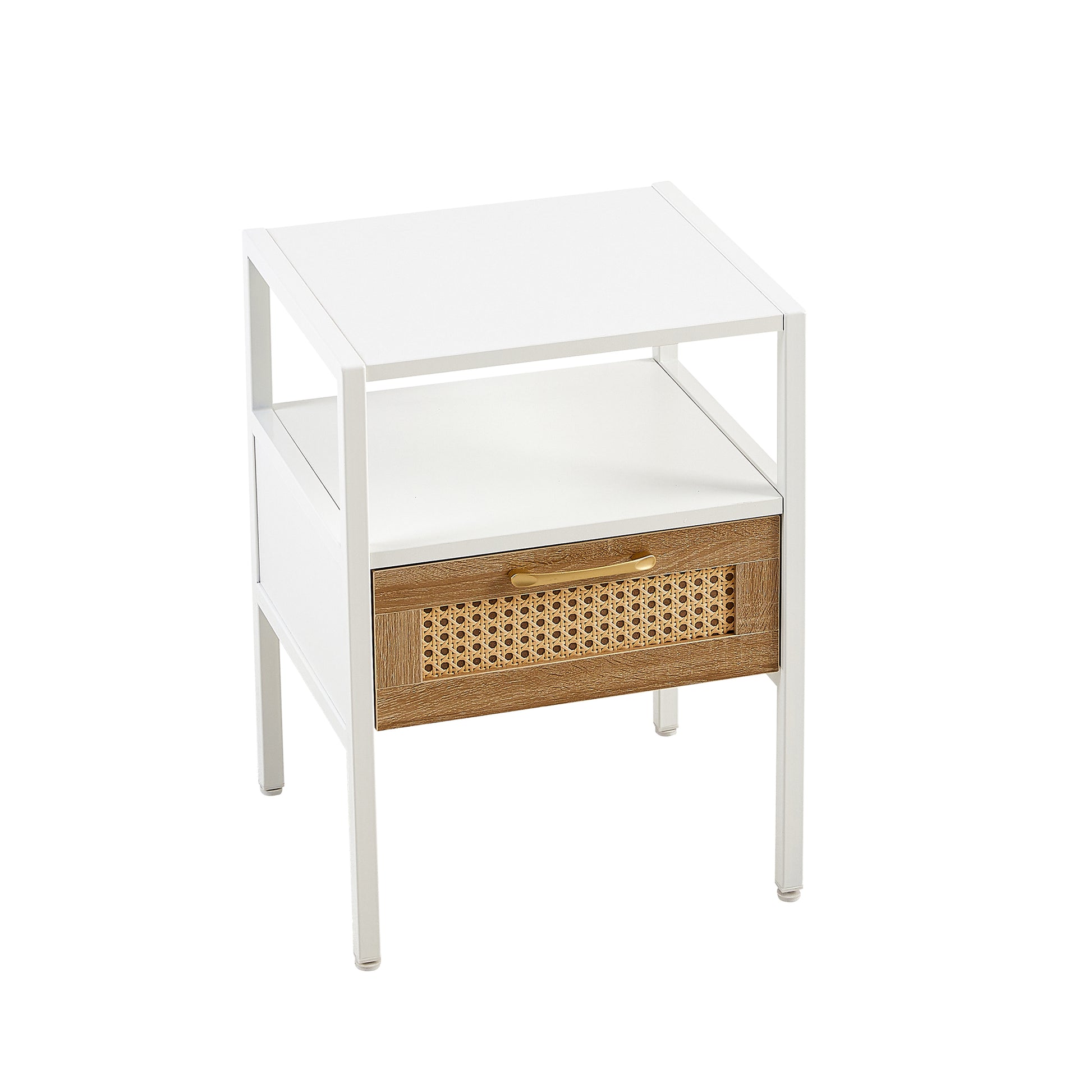 White metal end table with wood drawer front and cane detailing