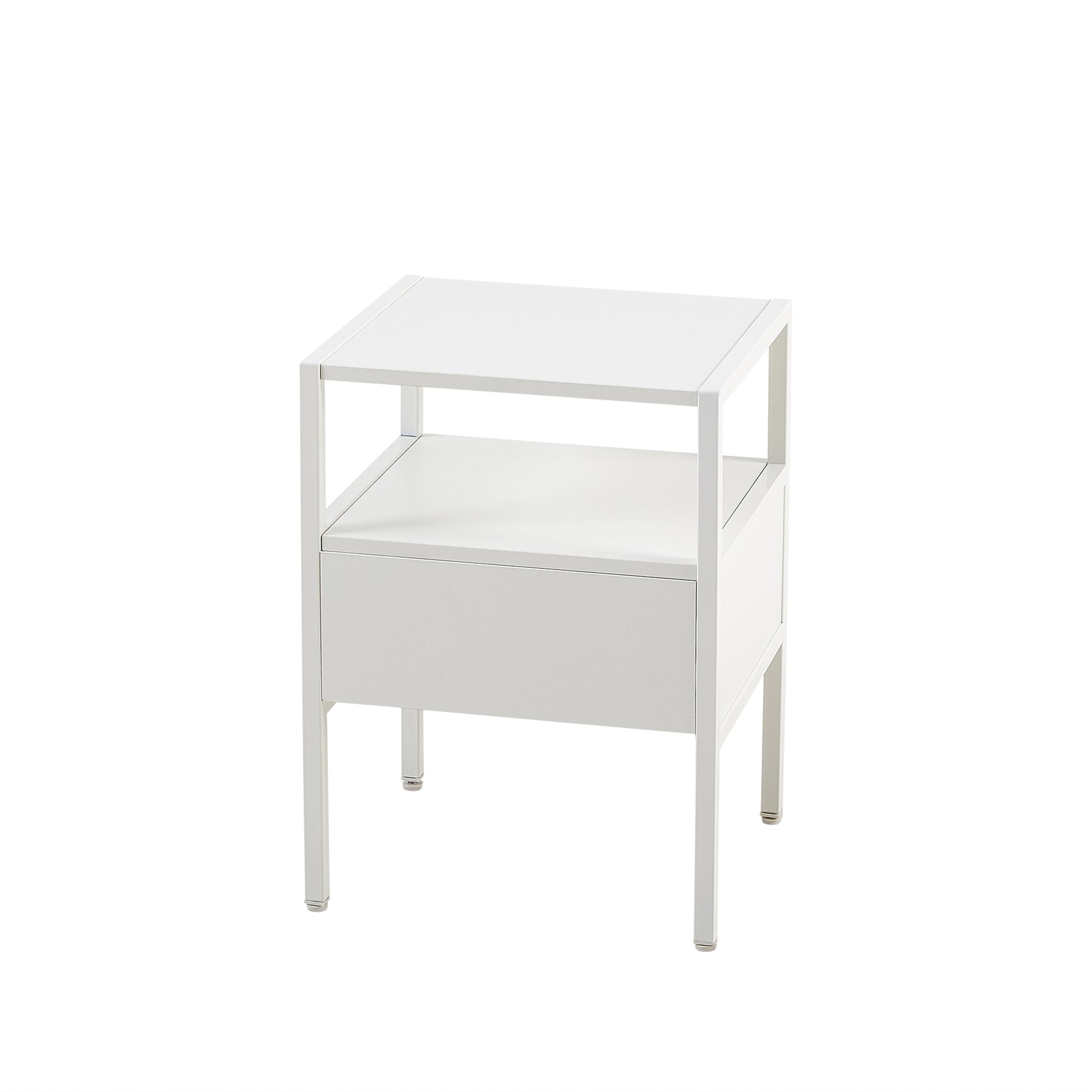 Modern white metal bedside table with one drawer and open shelf