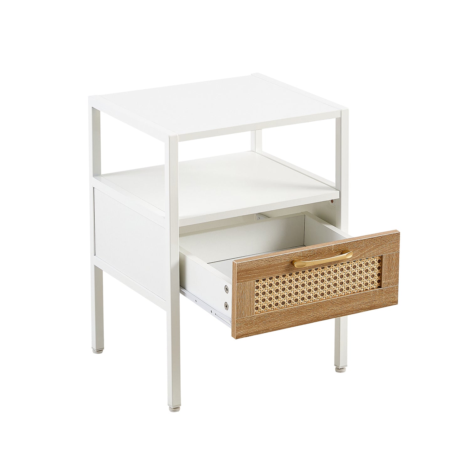 White metal nightstand with one canefront drawer and gold pull