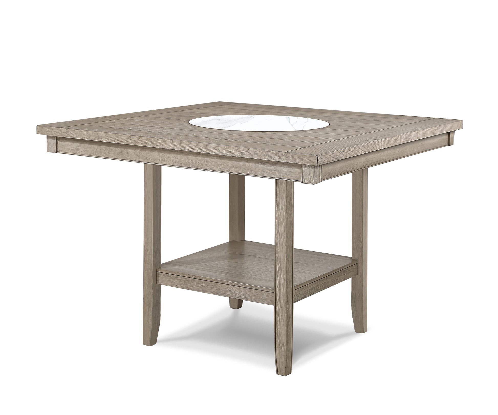 Gray wash wood pub table with white marble inlay and lower shelf