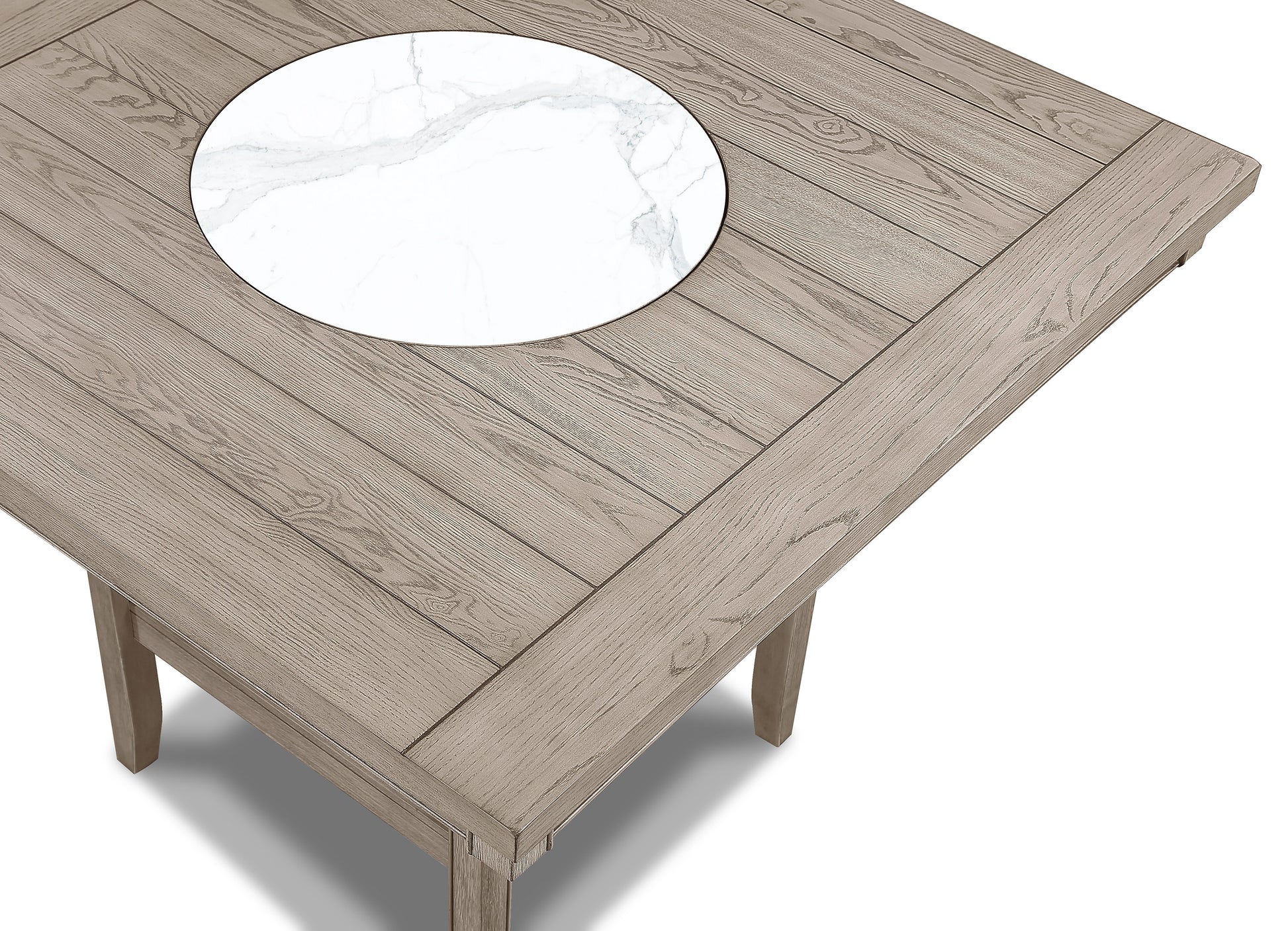 Rectangular patio table with weathered wood finish and white marble inlay center