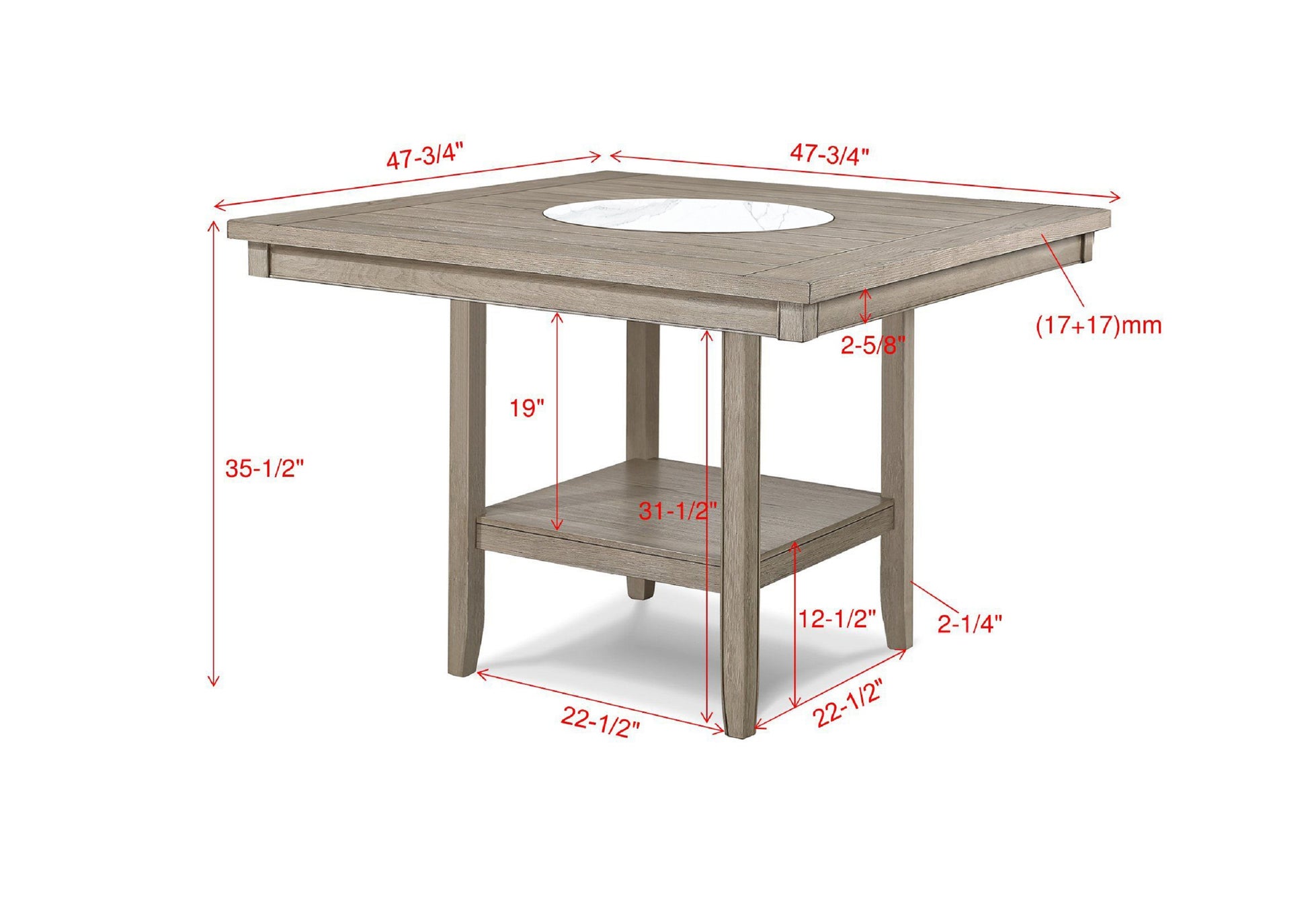 Gray wash dining table with marble inlay centerpiece  square top