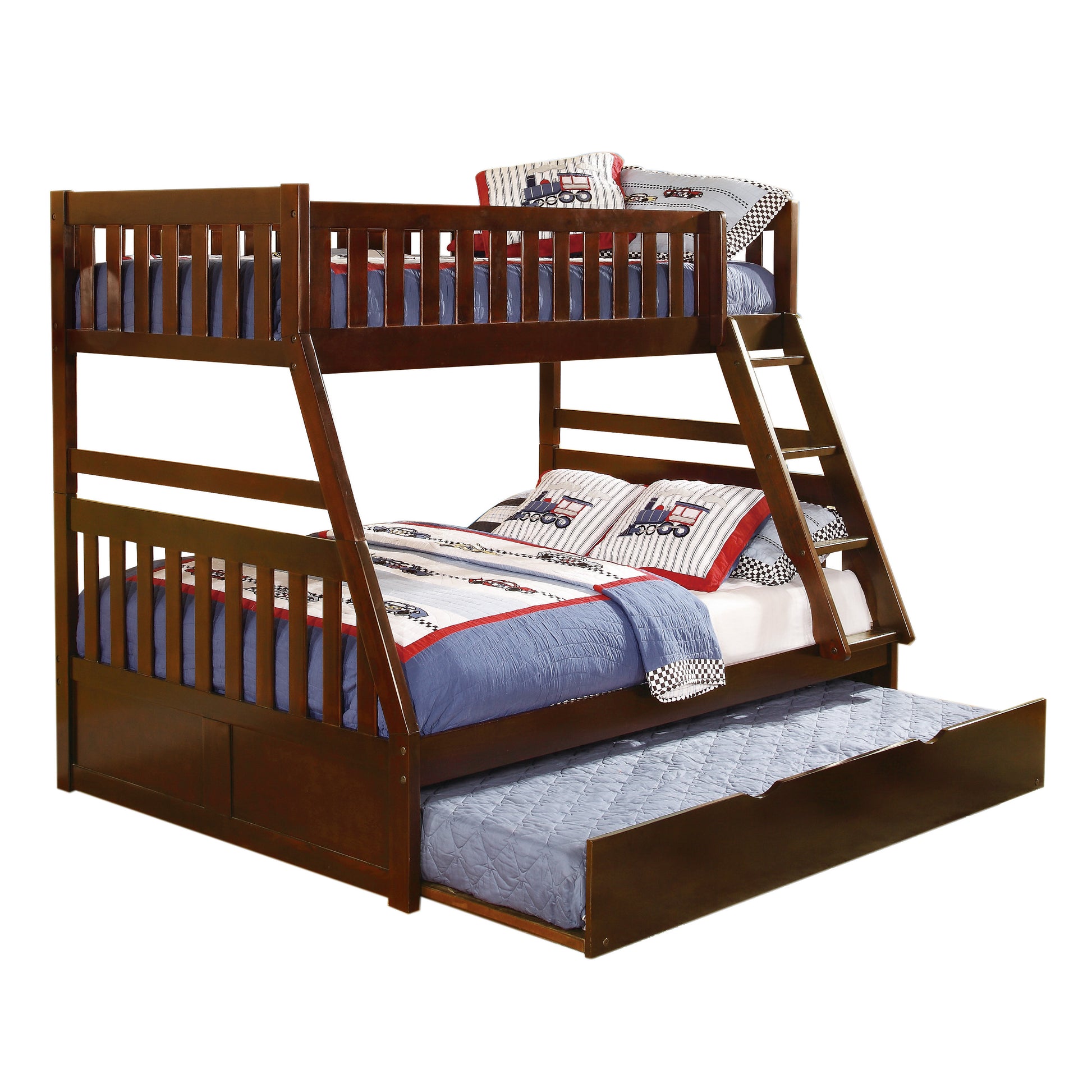 Dark wood triple bunk bed with pullout trundle and trainthemed bedding for kids