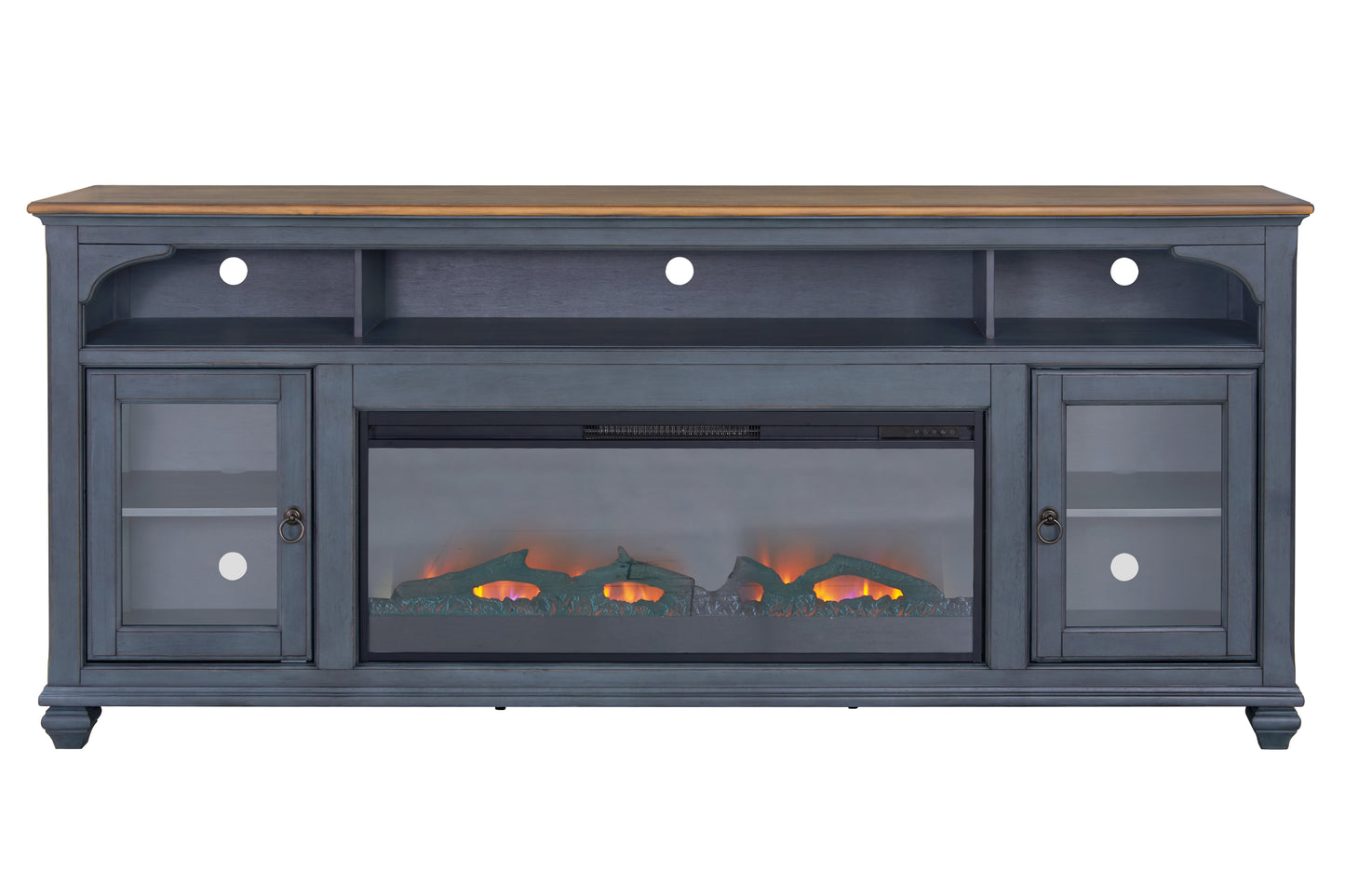 Dark blue electric fireplace TV stand with glass doors and wood top  wide