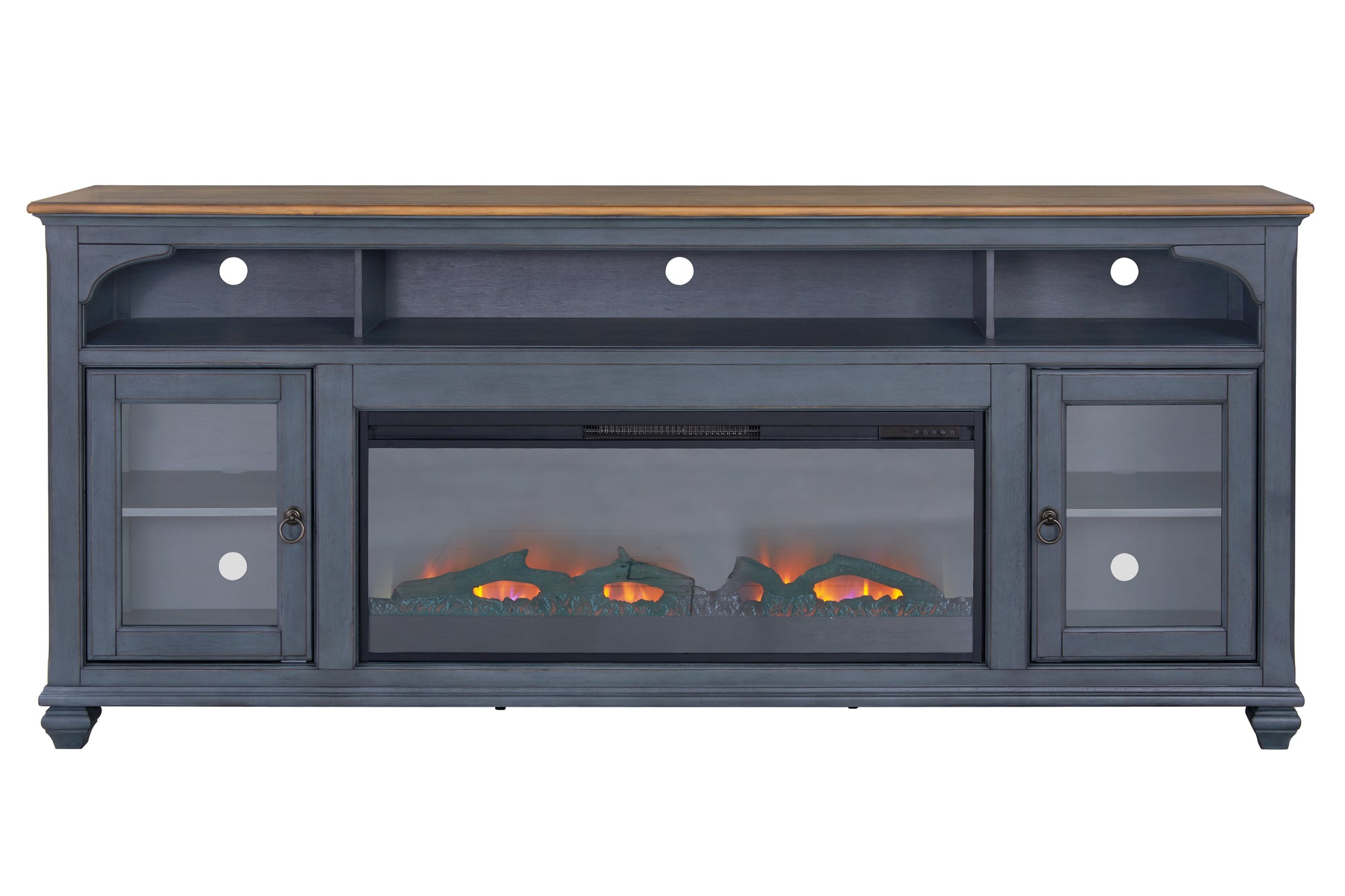 Dark blue electric fireplace TV stand with glass doors and wood top  wide