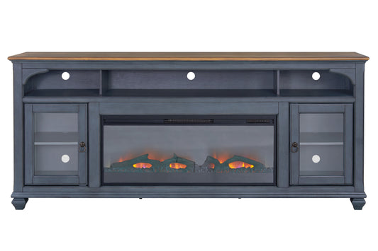 Dark blue electric fireplace TV stand with glass doors and wood top  wide
