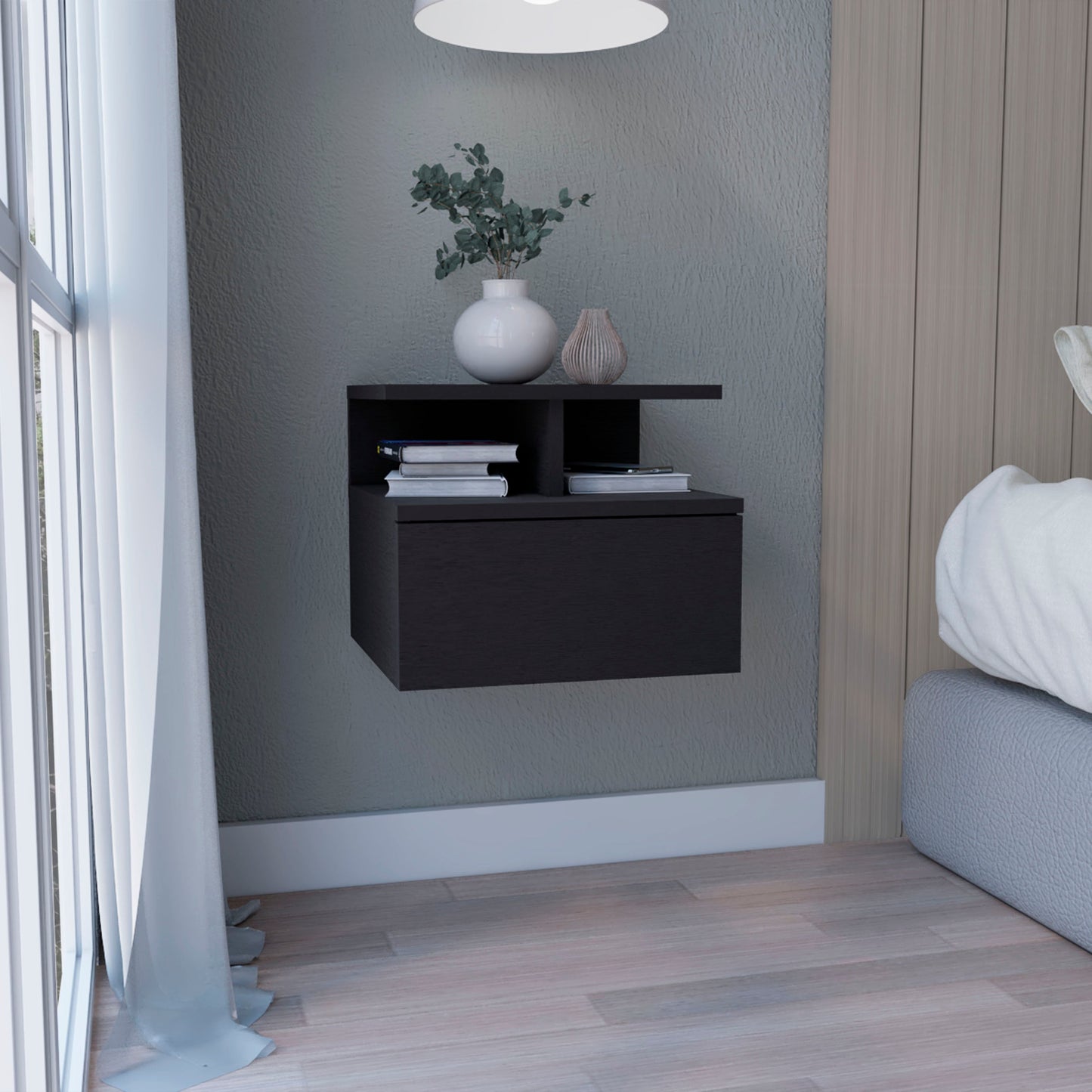 Dark modern floating nightstand with open shelf and drawer