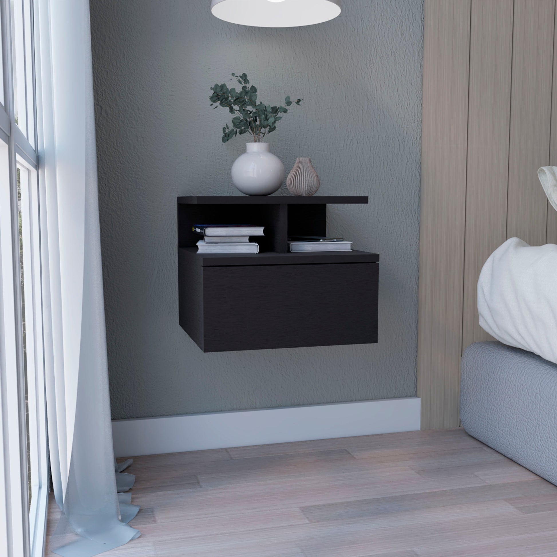 Dark modern floating nightstand with open shelf and drawer