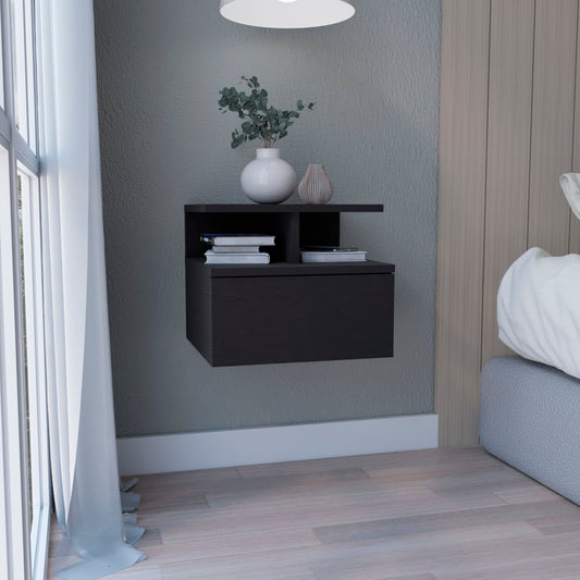 Dark modern floating nightstand with open shelf and drawer