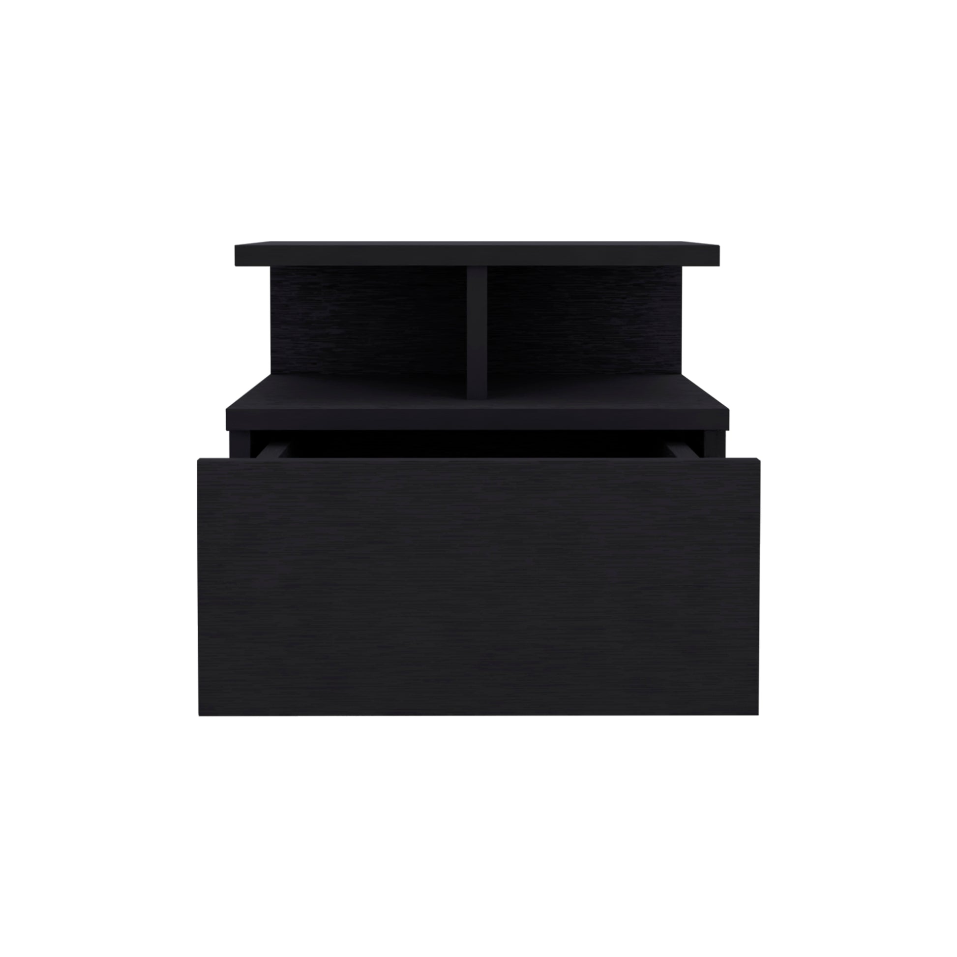 Black modern nightstand with open drawer and two top shelves