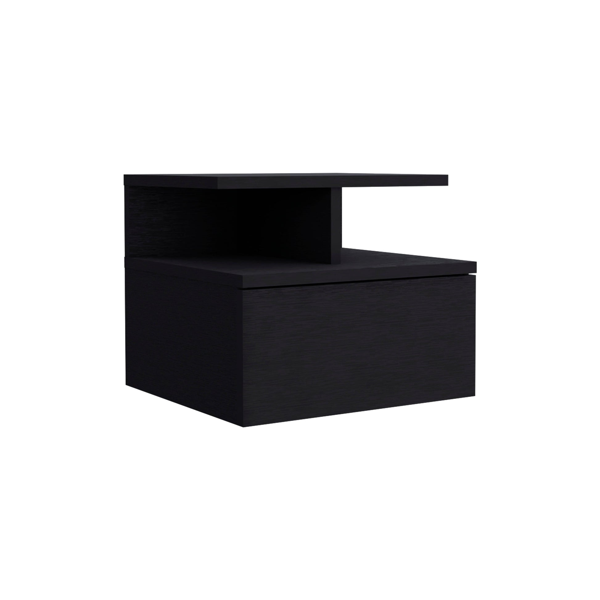 Modern black bedside table with drawer and open shelf