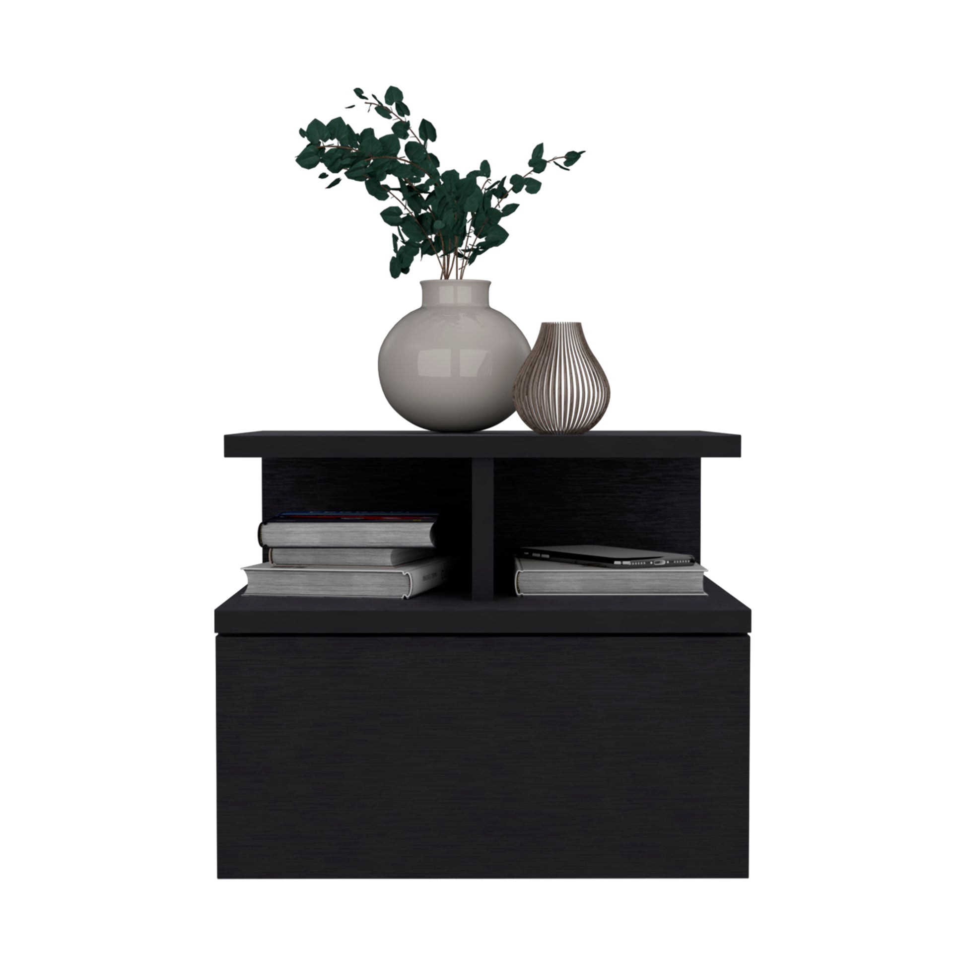 Black modern floating nightstand with two open shelves and a drawer