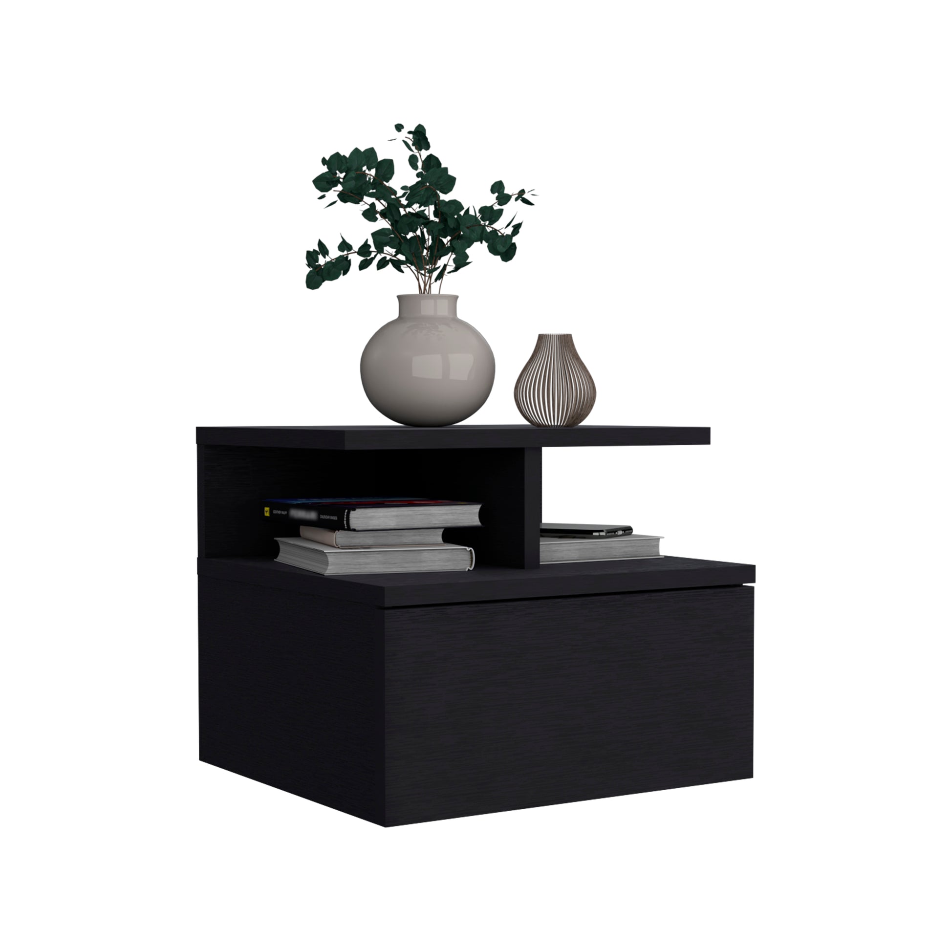 Modern black bedside table with open shelf and drawer