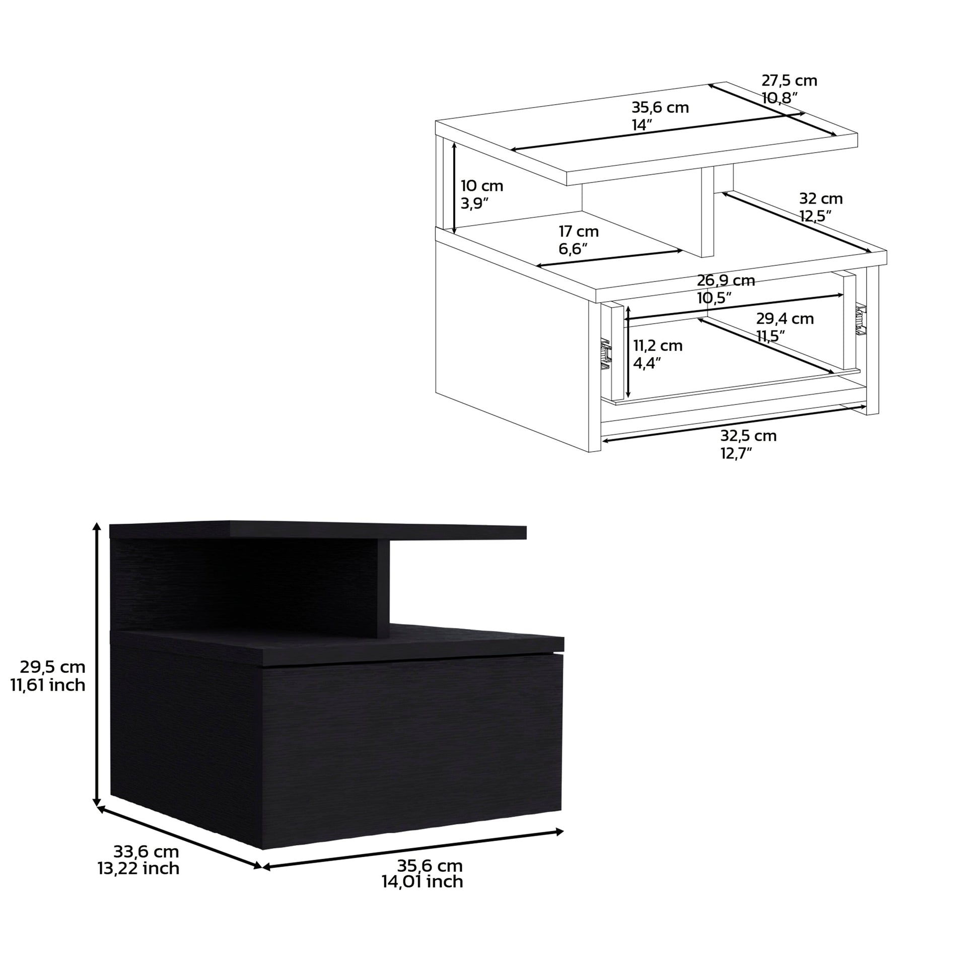 Black modern bedside table with one drawer and open shelf