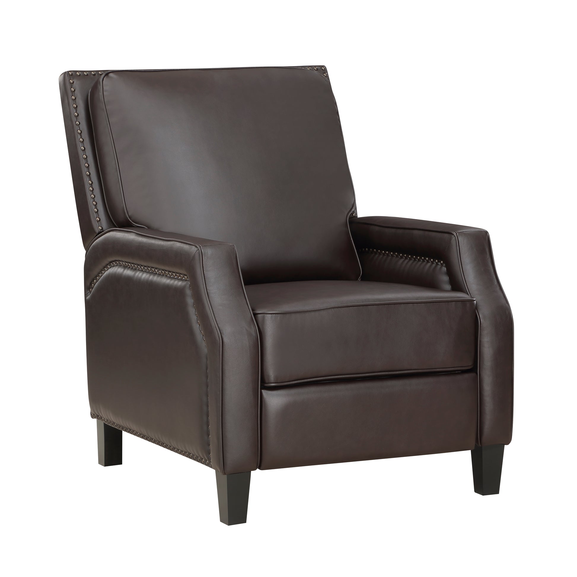 Dark brown leather recliner chair with decorative nailhead trim on arms and back