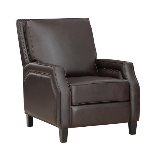 Dark brown leather recliner chair with decorative nailhead trim on arms and back