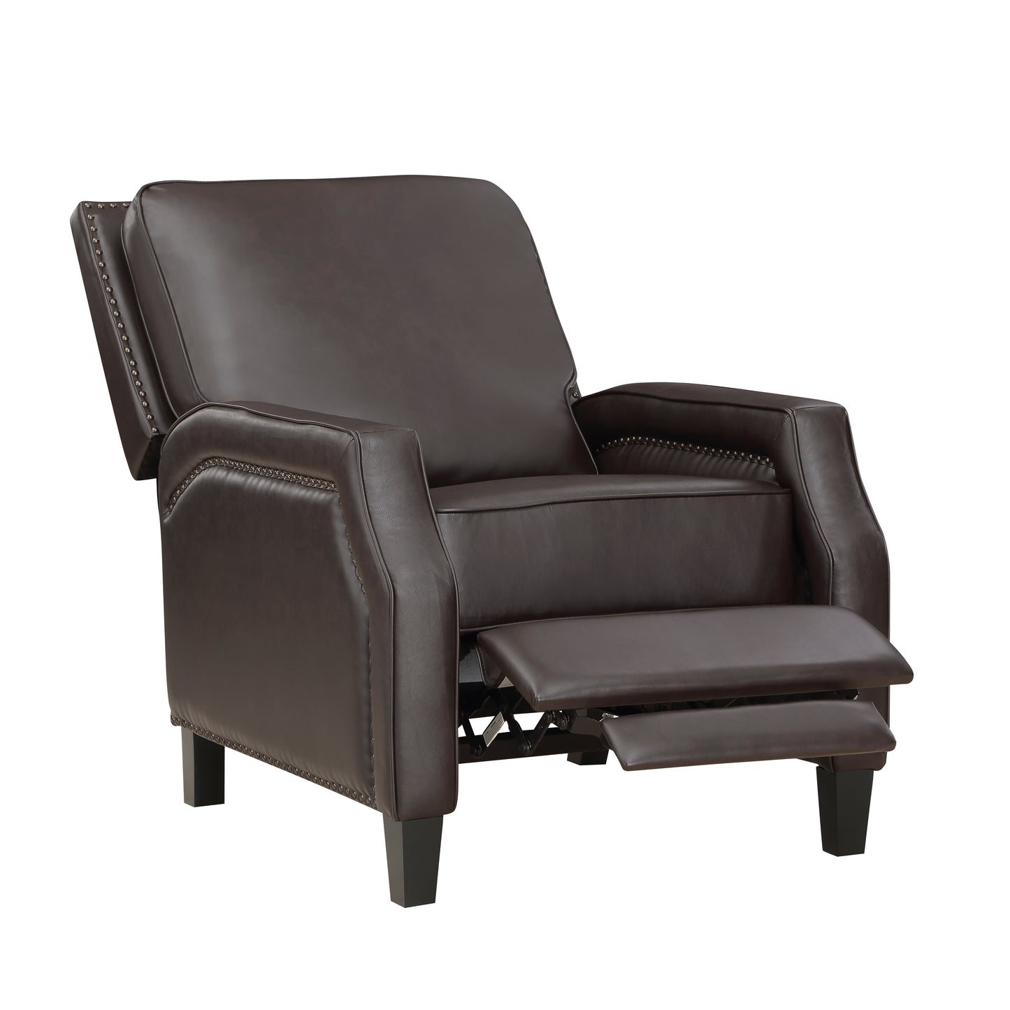 Dark brown faux leather recliner chair with nailhead trim and extended footrest