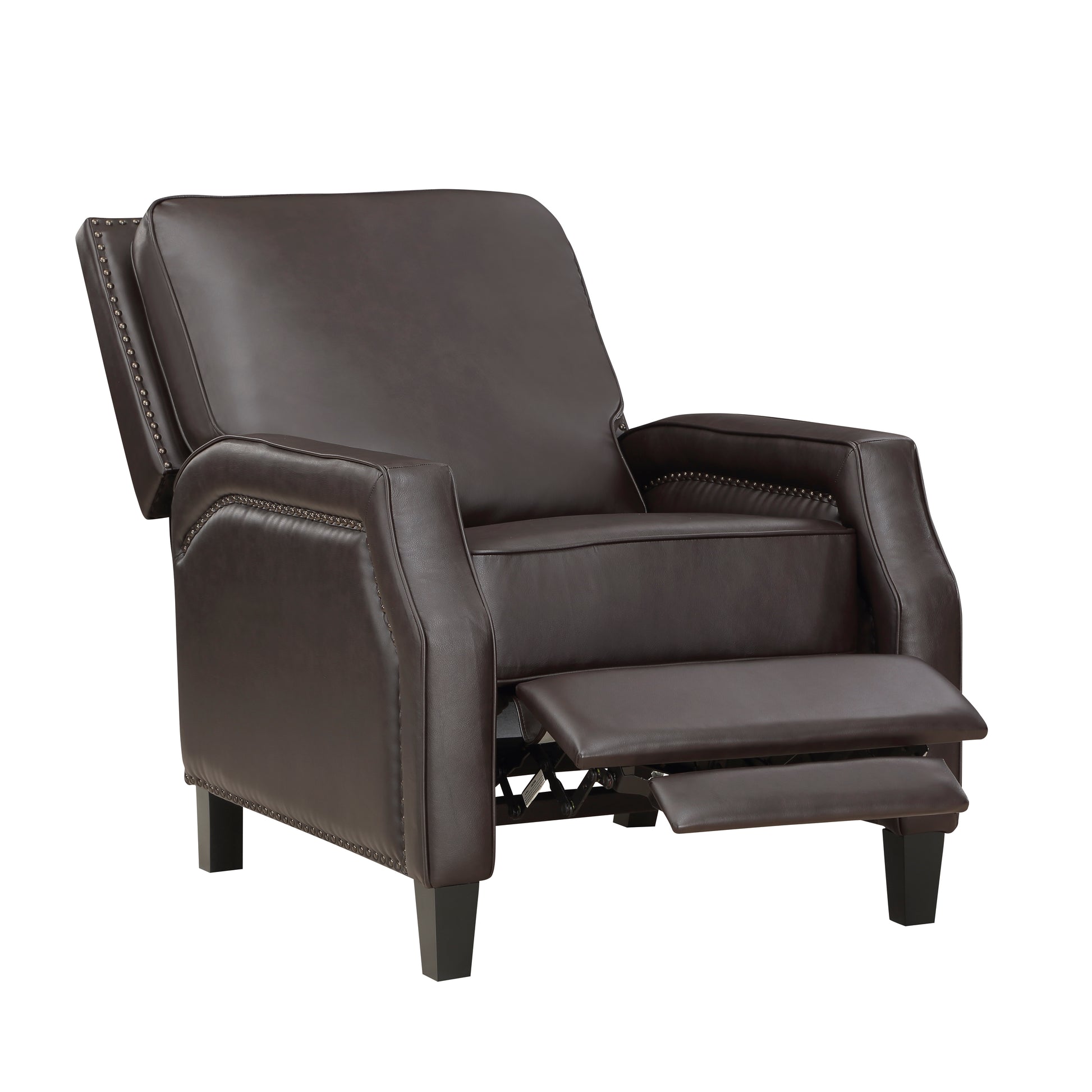Dark brown faux leather recliner chair with nailhead trim and extended footrest