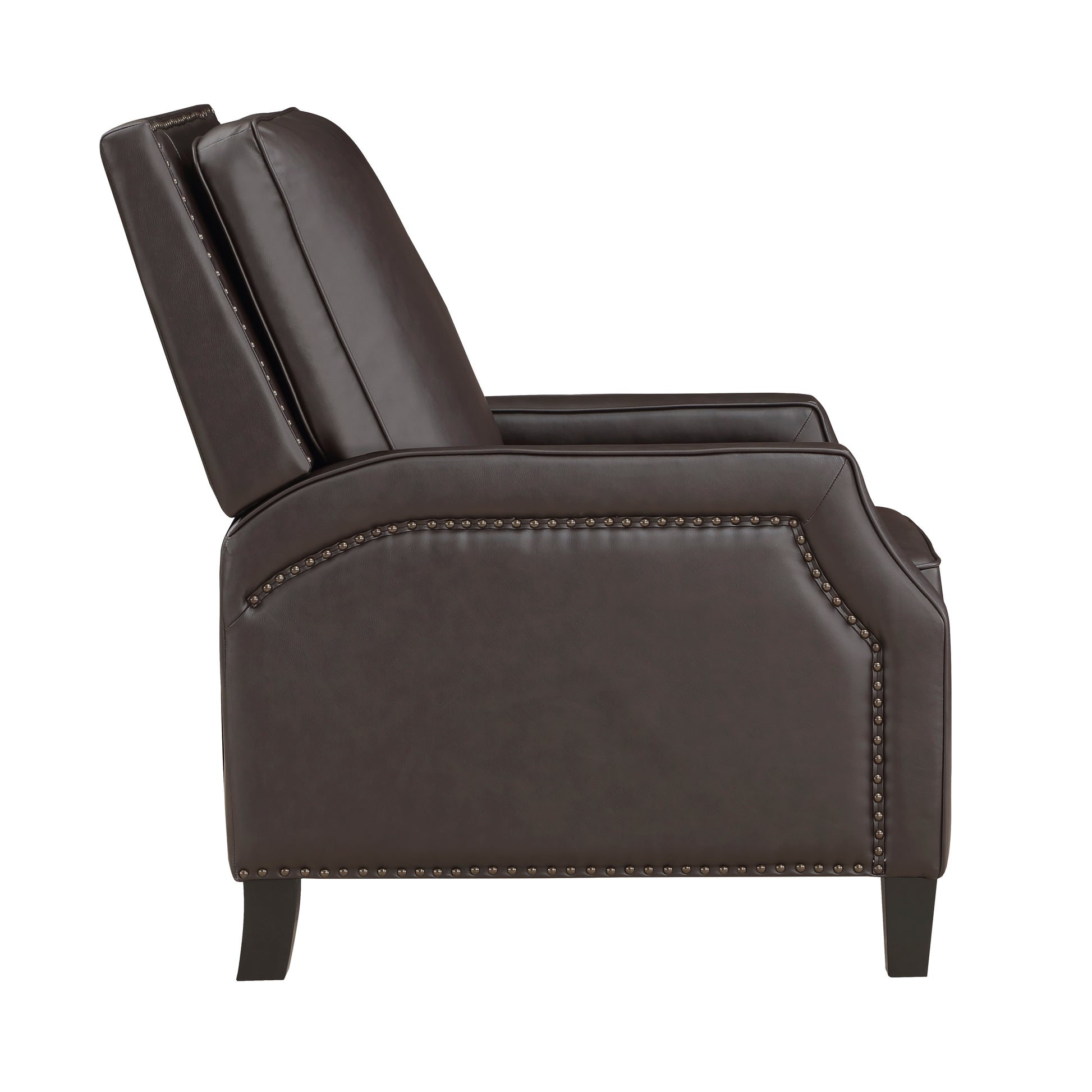 Dark brown faux leather recliner chair with silver stud accents