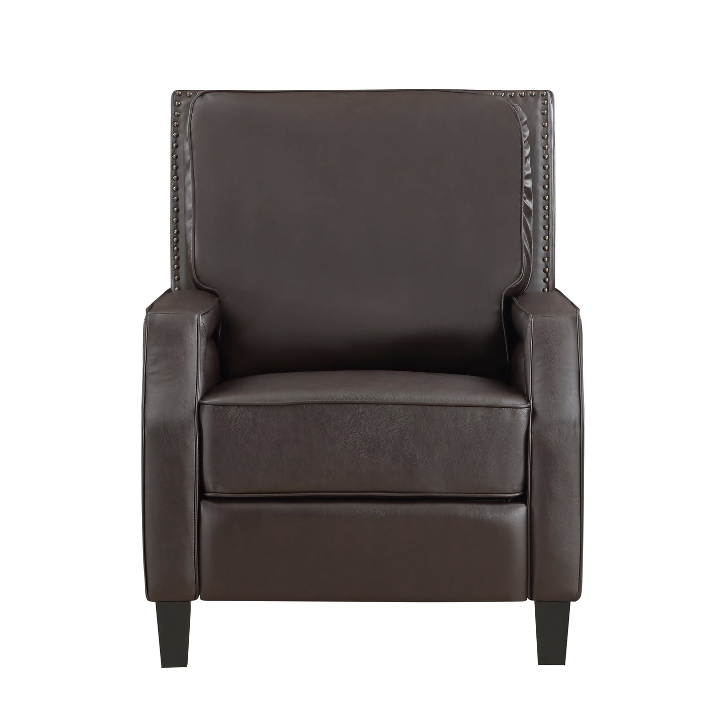 Brown leather recliner chair with studded armrests and square black legs