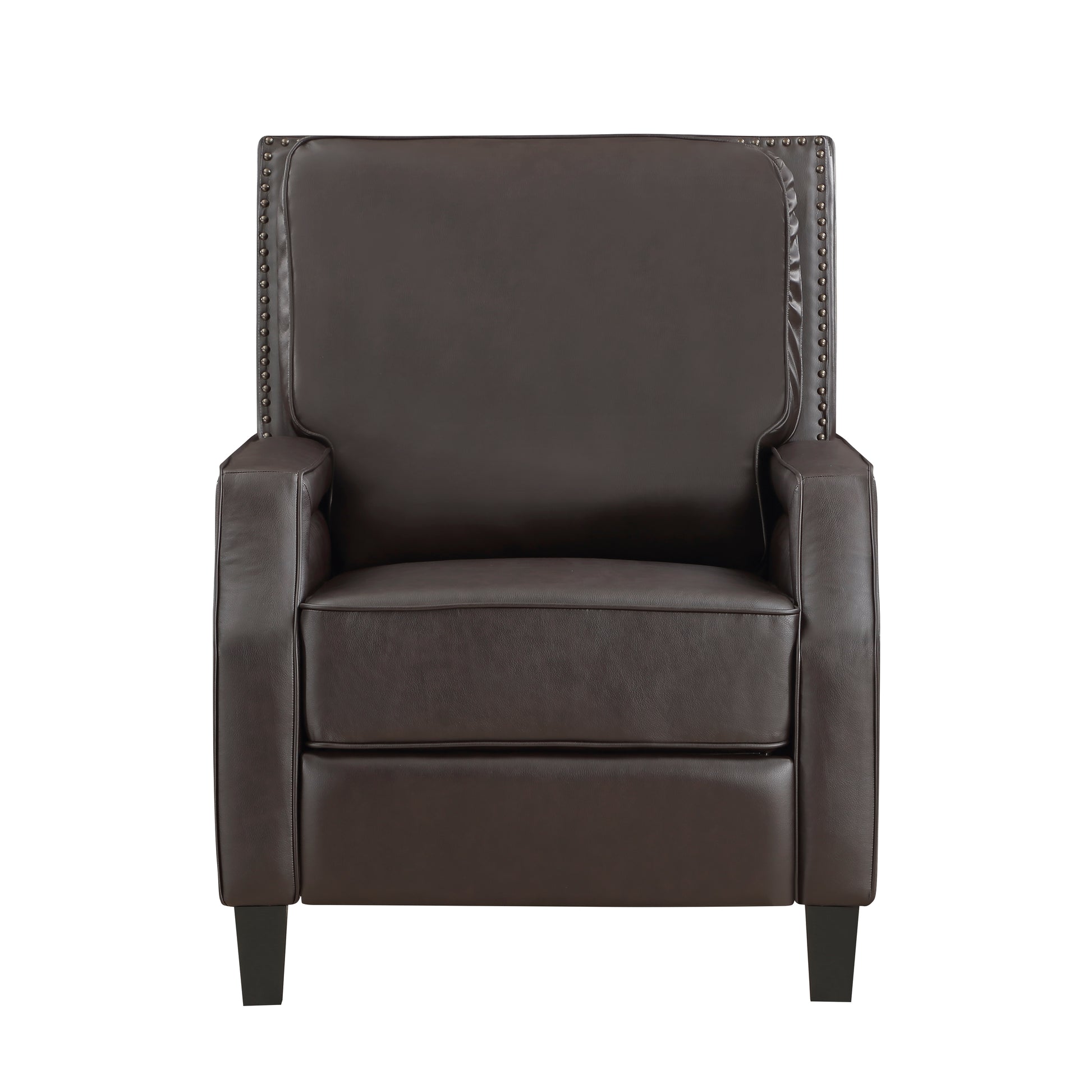 Brown leather recliner chair with studded armrests and square black legs