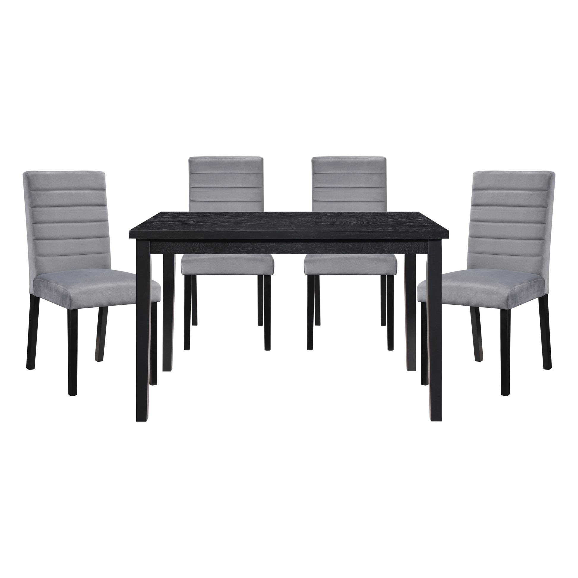 Black wood dining table with four upholstered grey velvet chairs