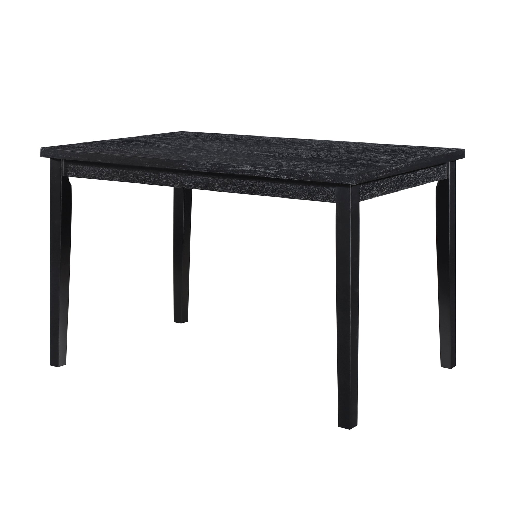 Black wood dining table with a distressed finish and sleek legs perfect for modern kitchens