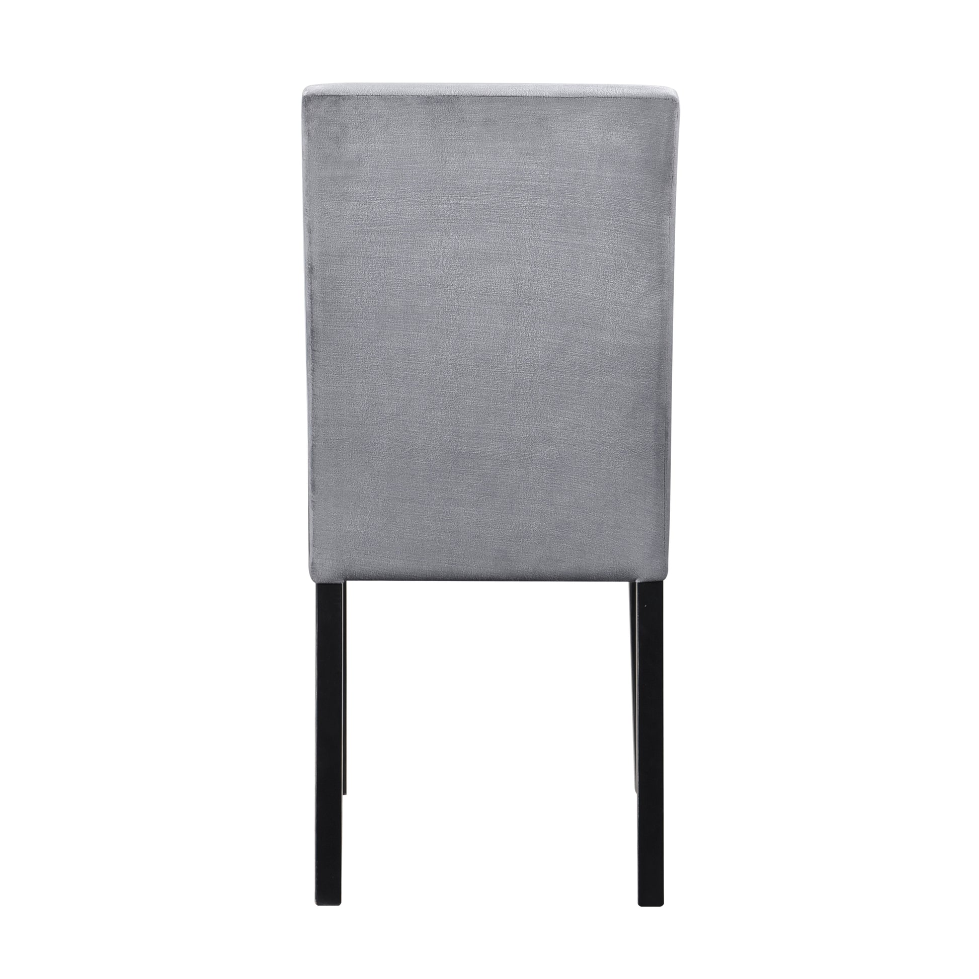 Grey upholstered dining chair with black wooden legs