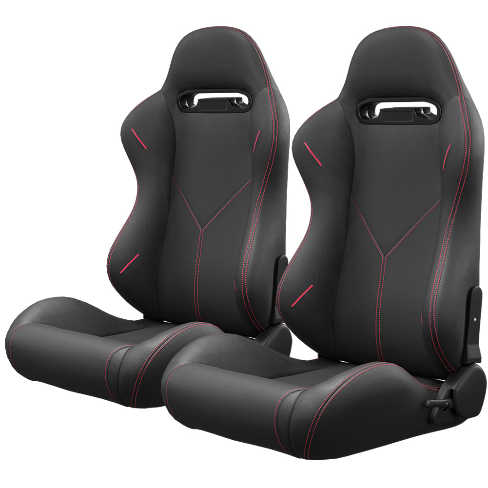 Pair of black racing bucket seats with red stitching and cutout headrest