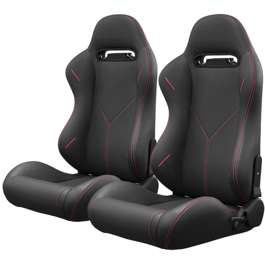 Pair of black racing bucket seats with red stitching and cutout headrest