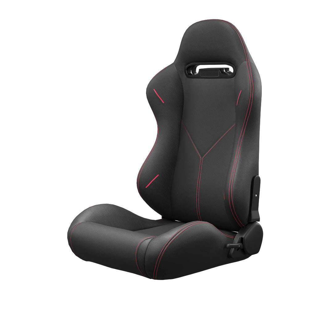 Black racing seat with red stitching ideal for gaming setups