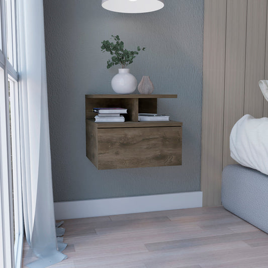 Floating nightstand in weathered oak finish with open shelf and drawer storage
