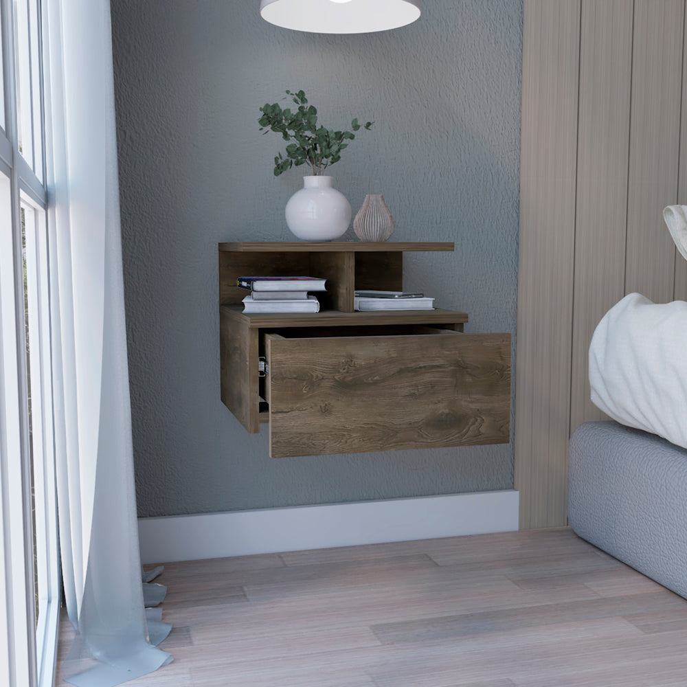 Modern wallmounted nightstand in rustic oak finish with open shelving and drawer