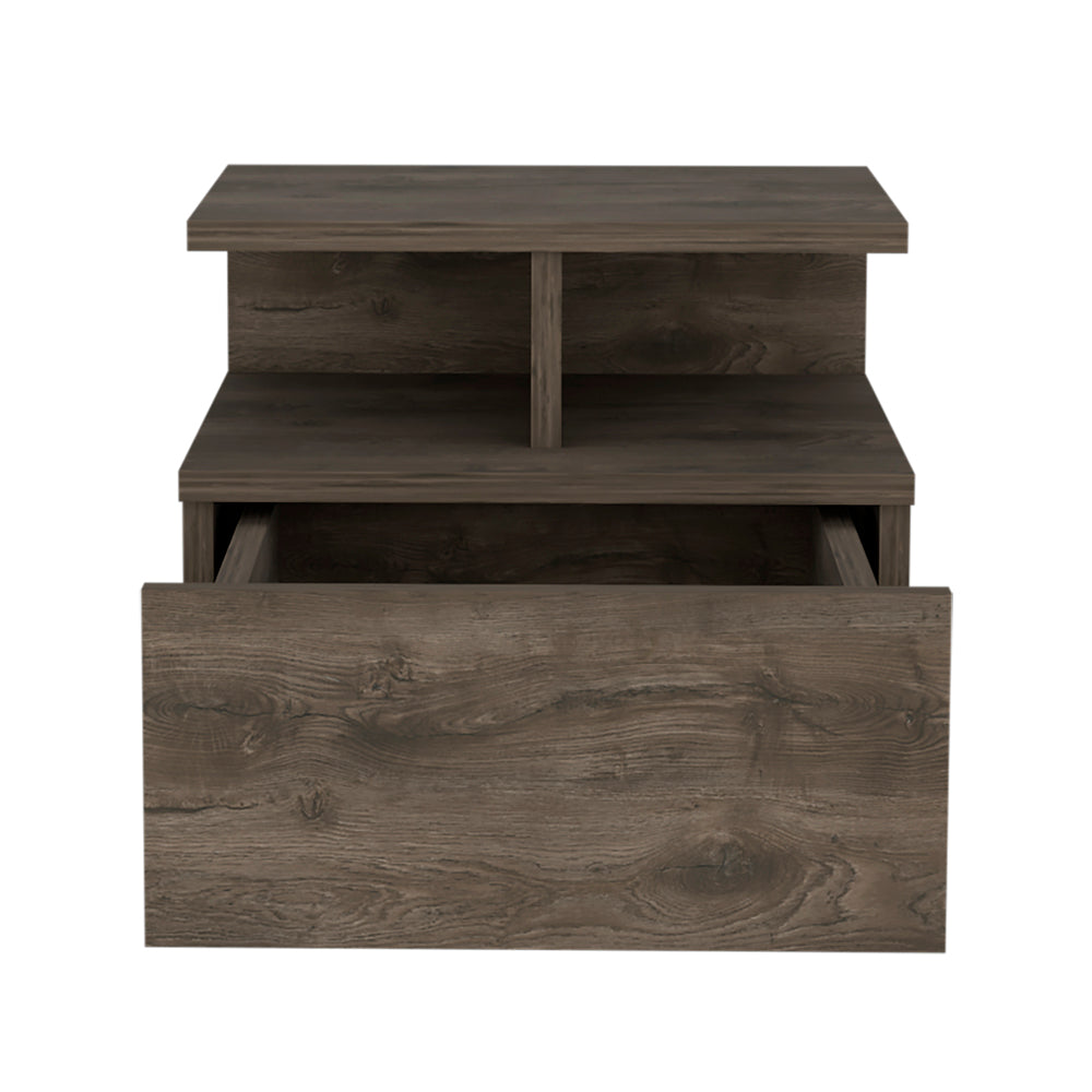 Dark wood bedside table with open drawer and shelves
