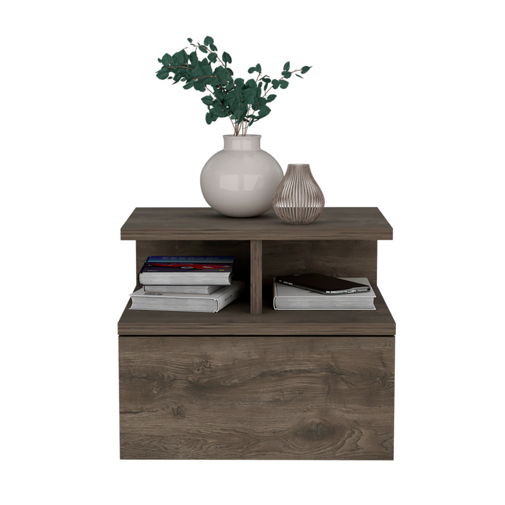 Modern grey oak veneer nightstand with open shelves and a drawer